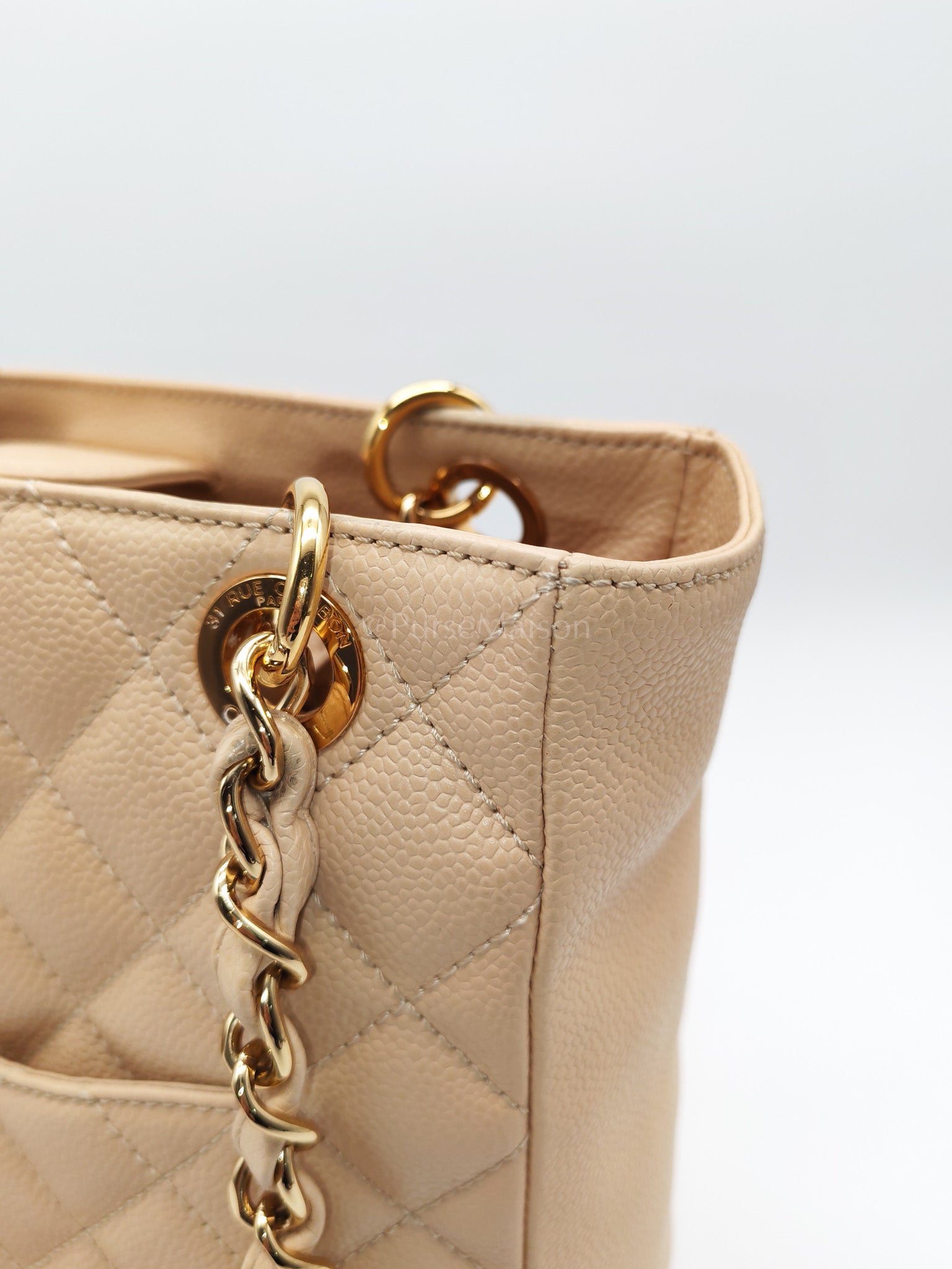 Petite Shopping Tote (PST) Beige Clair in Quilted Caviar Leather and Gold Hardware Series 14 | Purse Maison Luxury Bags Shop