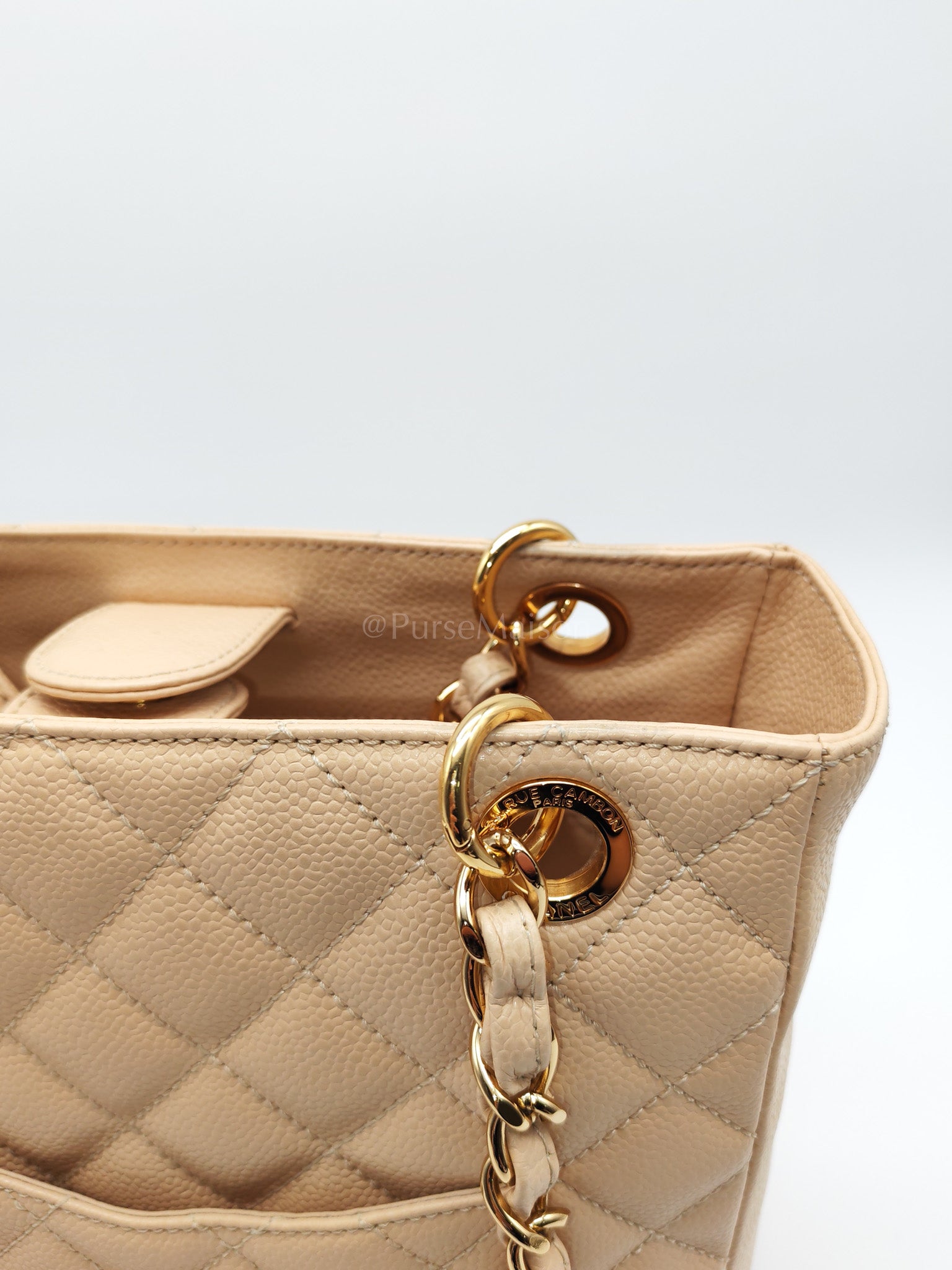 Petite Shopping Tote (PST) Beige Clair in Quilted Caviar Leather and Gold Hardware Series 14 | Purse Maison Luxury Bags Shop