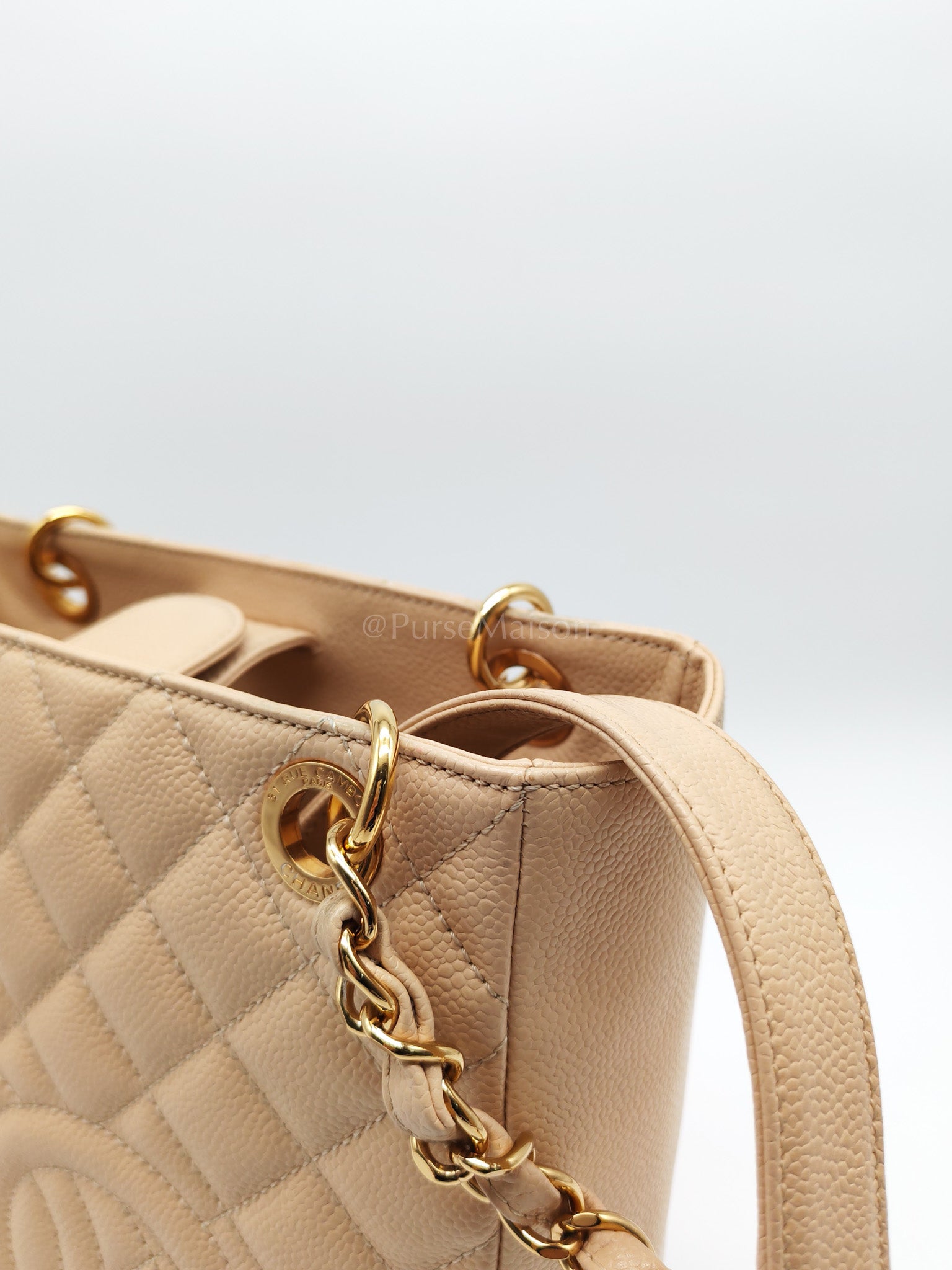 Petite Shopping Tote (PST) Beige Clair in Quilted Caviar Leather and Gold Hardware Series 14 | Purse Maison Luxury Bags Shop