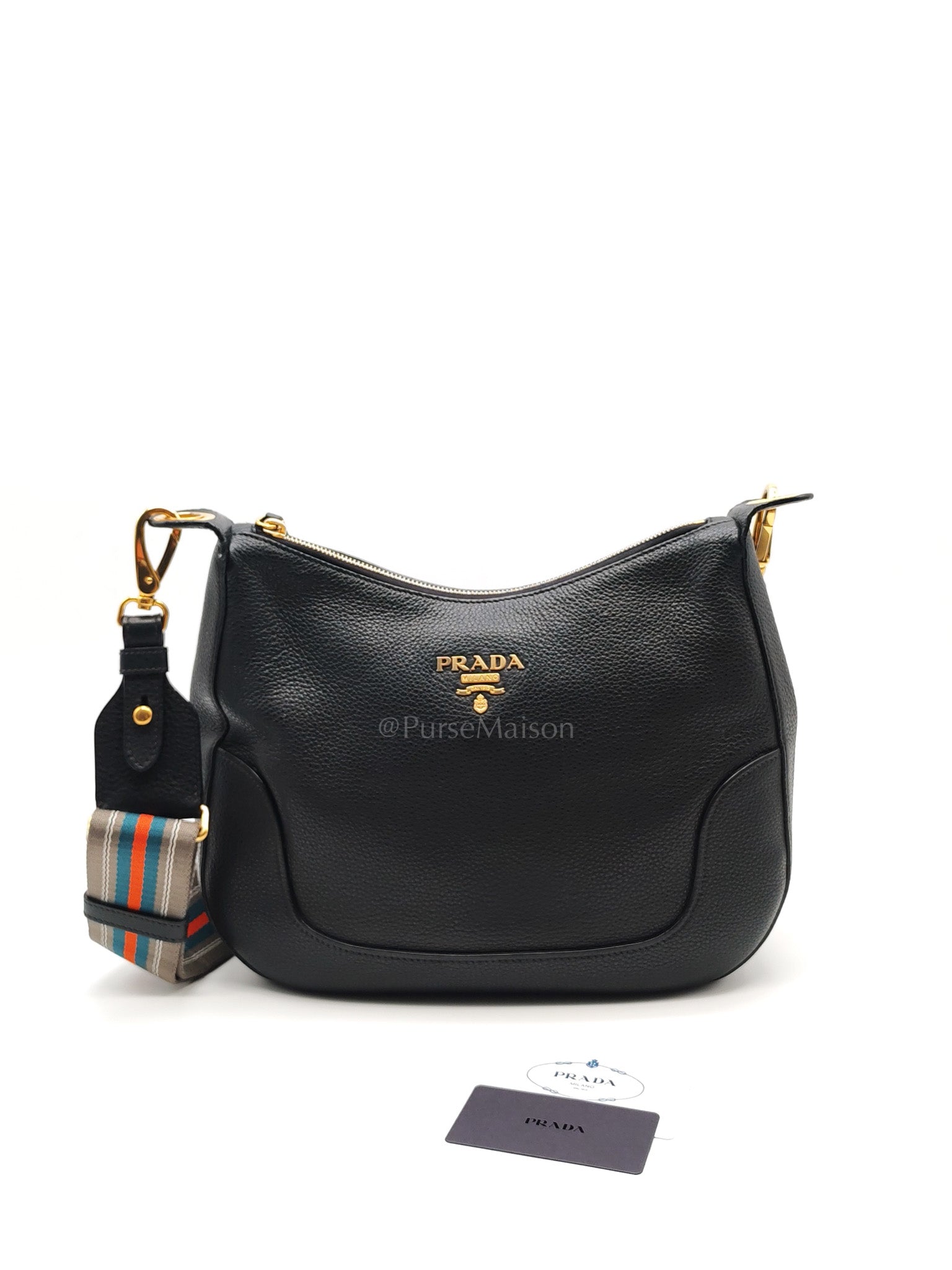 Vitello Phenix Hobo Bag in Black Pebbled Calfskin Leather & Gold Hardware