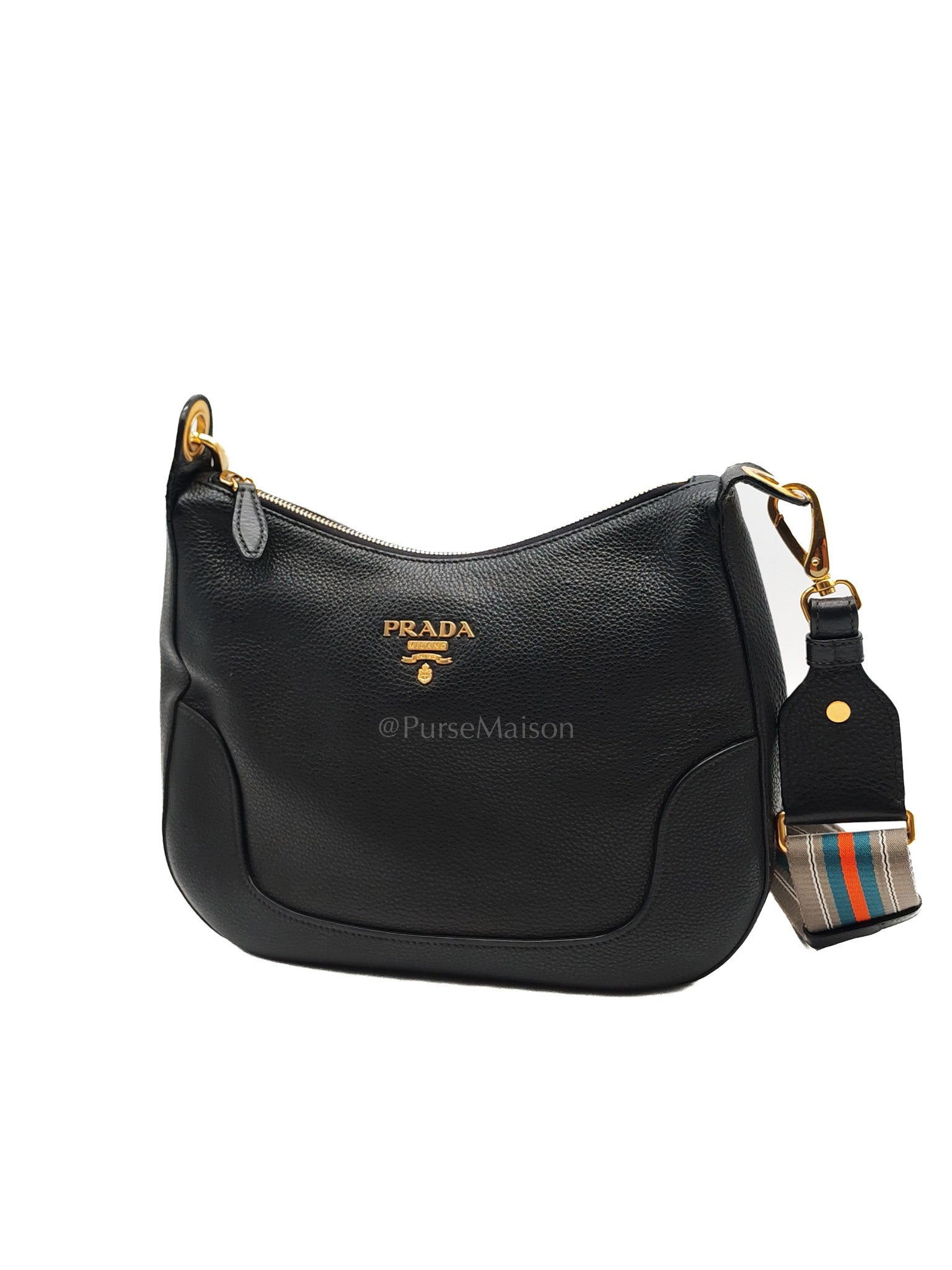 Vitello Phenix Hobo Bag in Black Pebbled Calfskin Leather & Gold Hardware