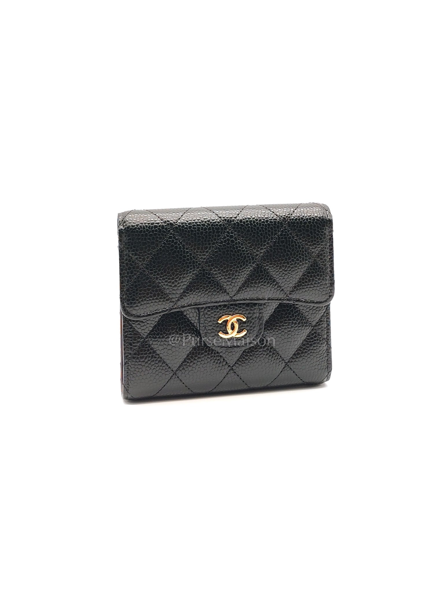 Classic Compact Wallet in Black Quilted Caviar Leather and Gold Hardware (Microchip)