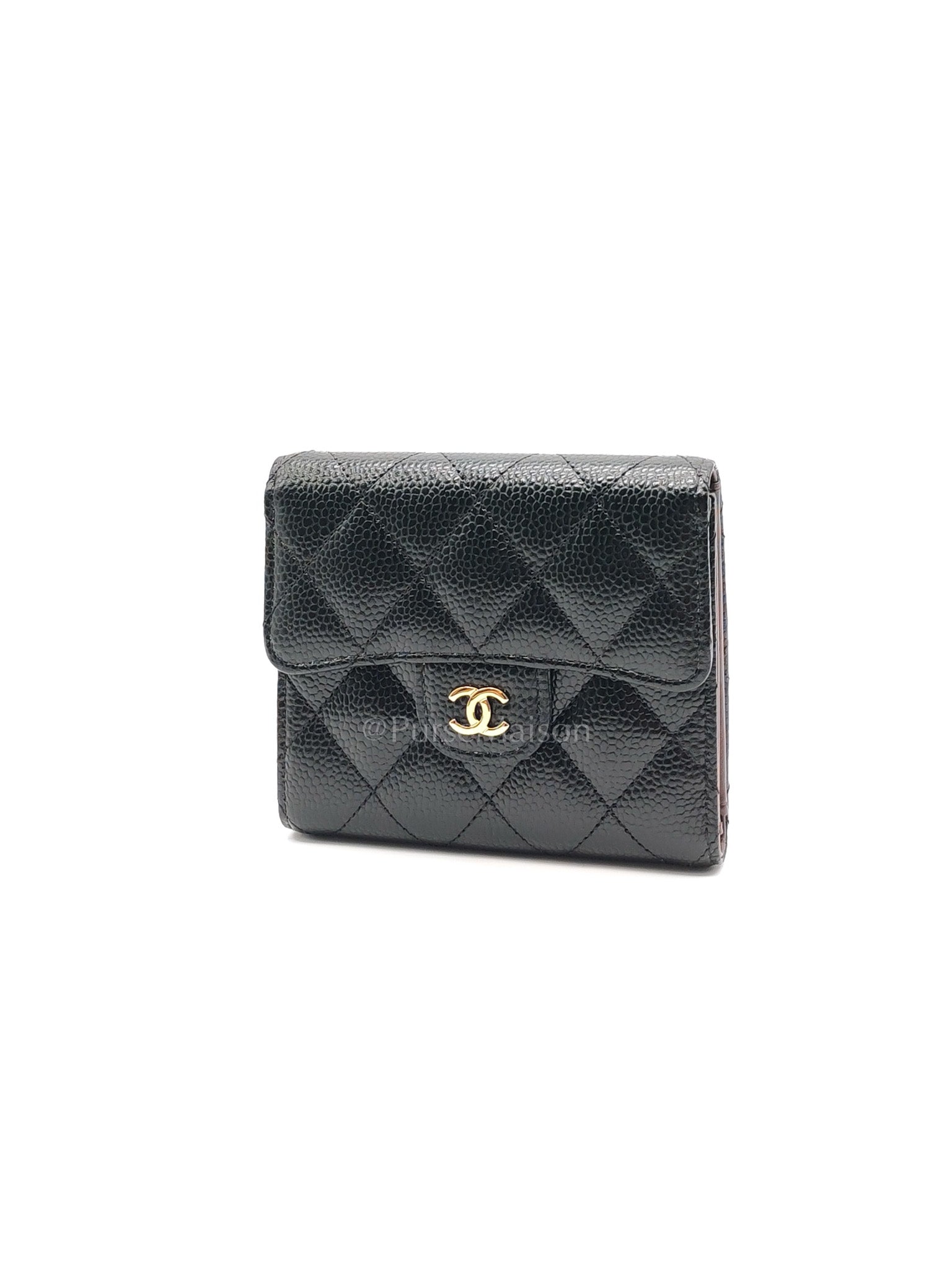Classic Compact Wallet in Black Quilted Caviar Leather and Gold Hardware (Microchip)