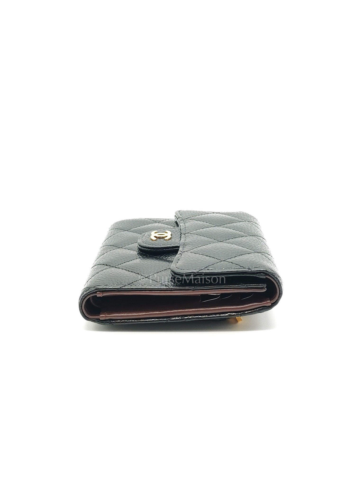 Classic Compact Wallet in Black Quilted Caviar Leather and Gold Hardware (Microchip)