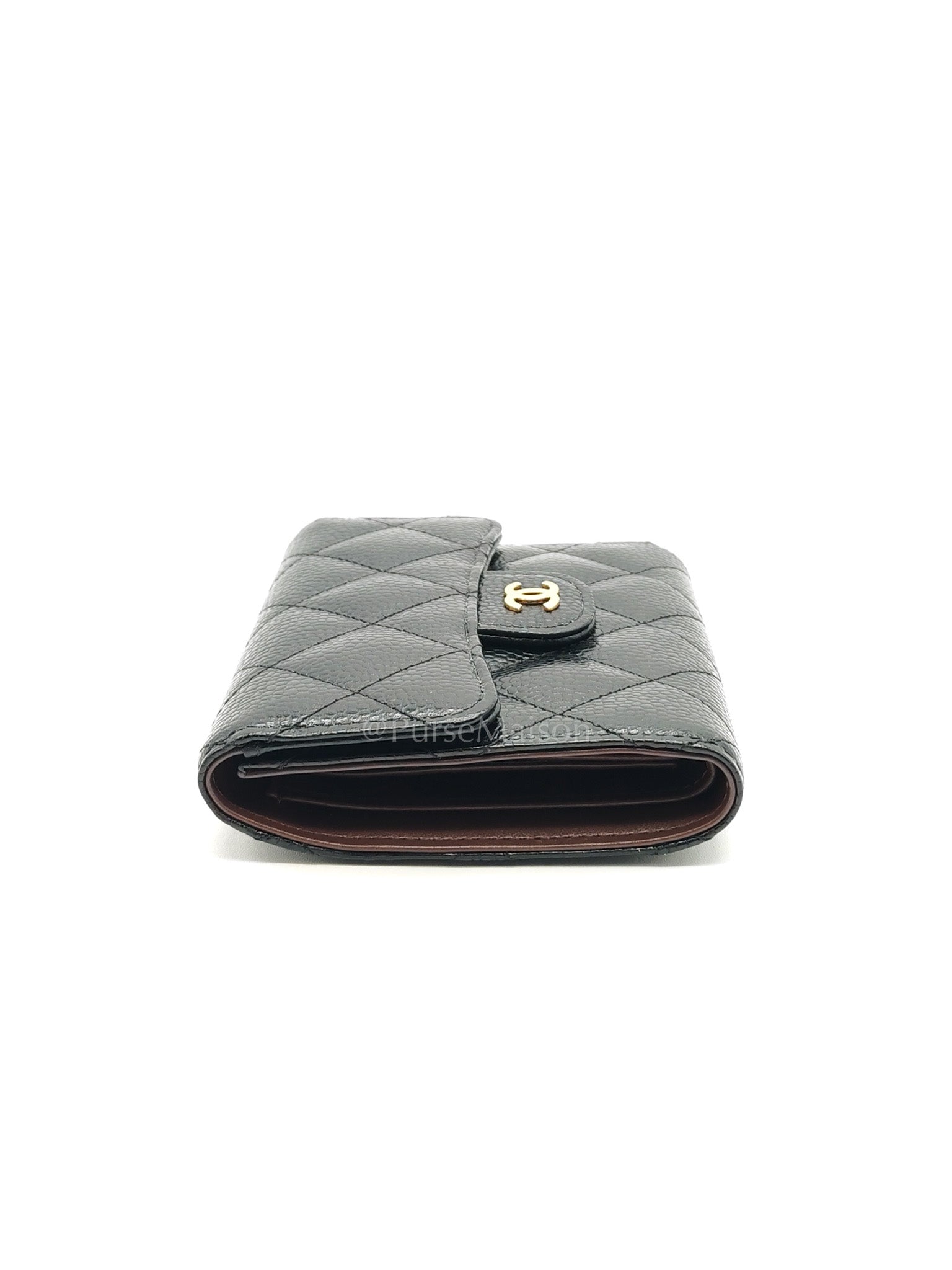 Classic Compact Wallet in Black Quilted Caviar Leather and Gold Hardware (Microchip)