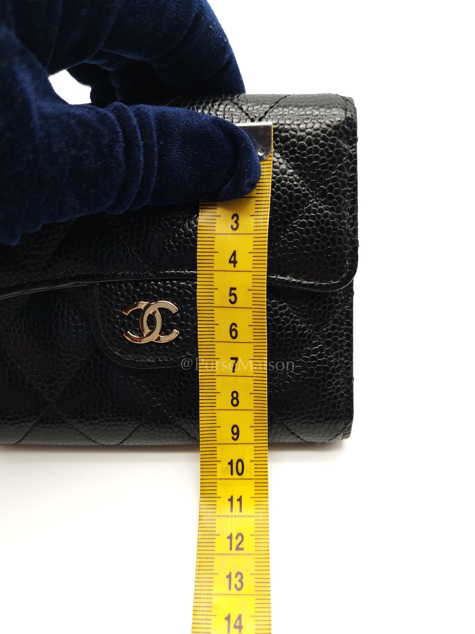 Classic Compact Wallet in Black Quilted Caviar Leather and Gold Hardware (Microchip)