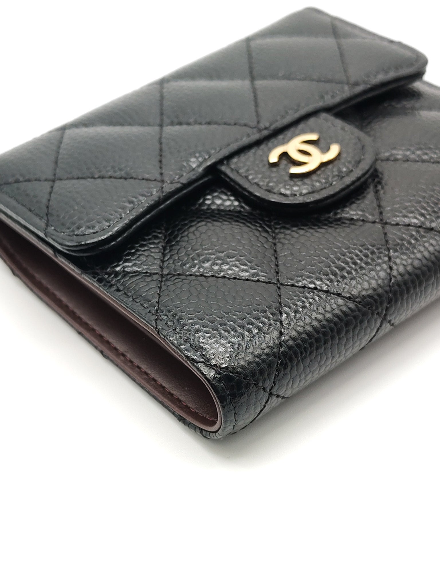 Classic Compact Wallet in Black Quilted Caviar Leather and Gold Hardware (Microchip)