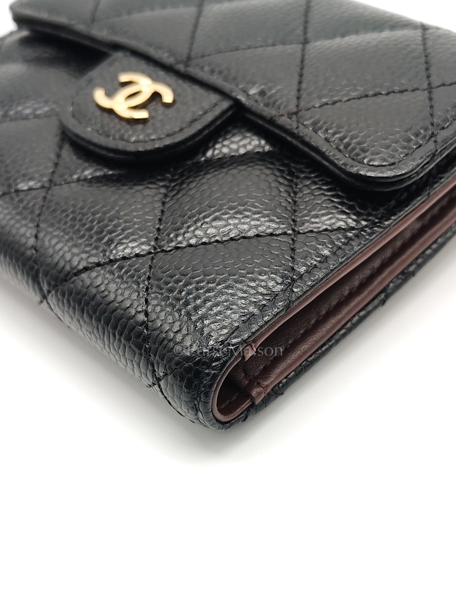 Classic Compact Wallet in Black Quilted Caviar Leather and Gold Hardware (Microchip)