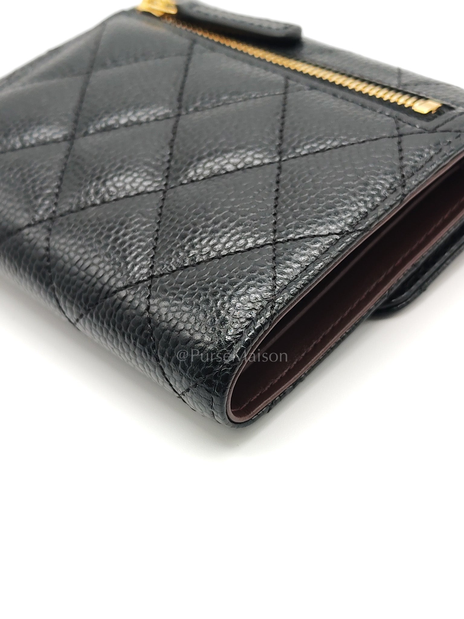 Classic Compact Wallet in Black Quilted Caviar Leather and Gold Hardware (Microchip)