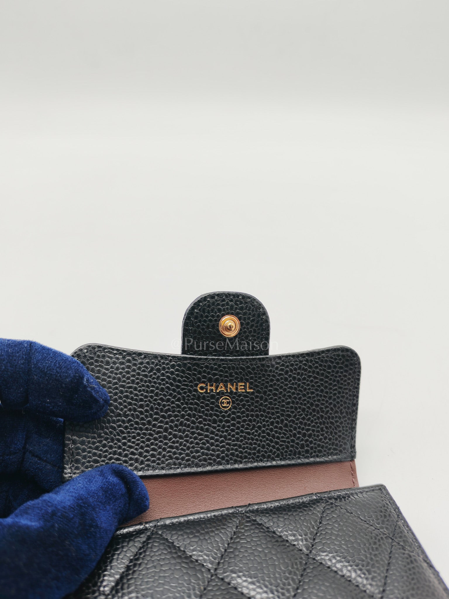 Classic Compact Wallet in Black Quilted Caviar Leather and Gold Hardware (Microchip)