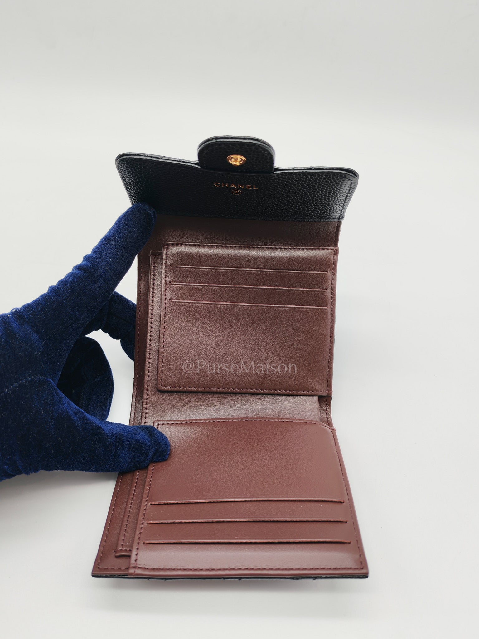 Classic Compact Wallet in Black Quilted Caviar Leather and Gold Hardware (Microchip)