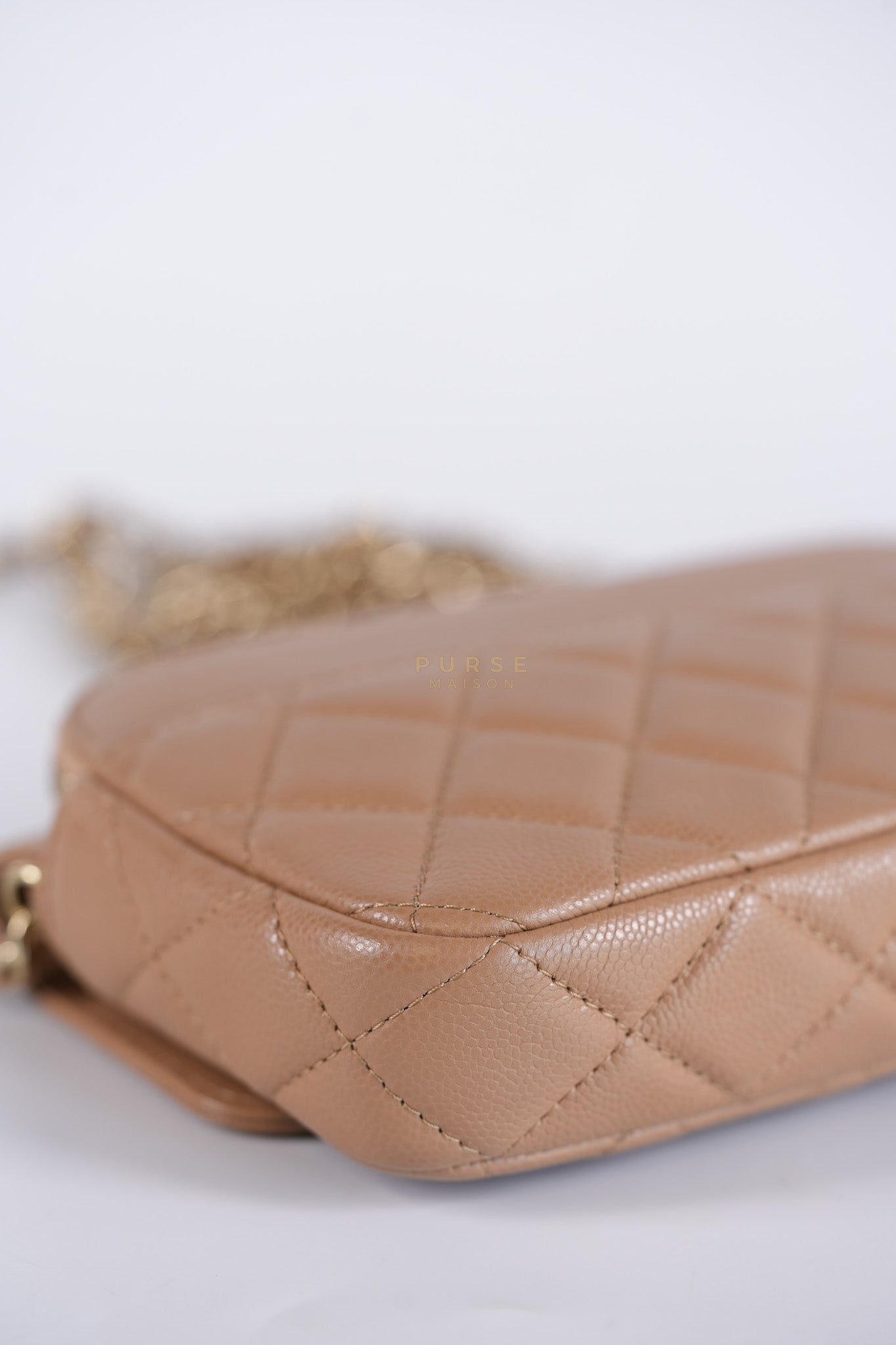 Phone Holder in Dark Beige Caviar Leather Gold Hardware (Microchip) | Purse Maison Luxury Bags Shop