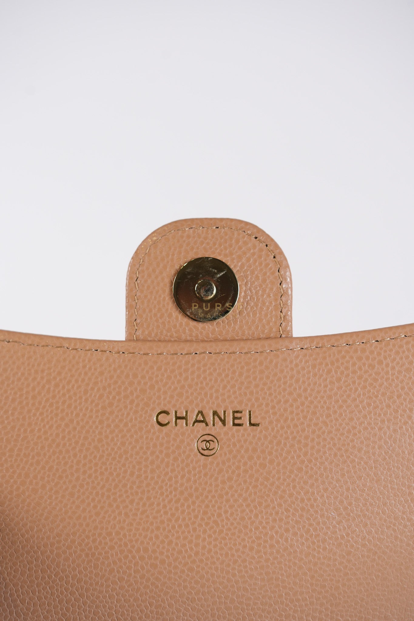 Phone Holder in Dark Beige Caviar Leather Gold Hardware (Microchip) | Purse Maison Luxury Bags Shop