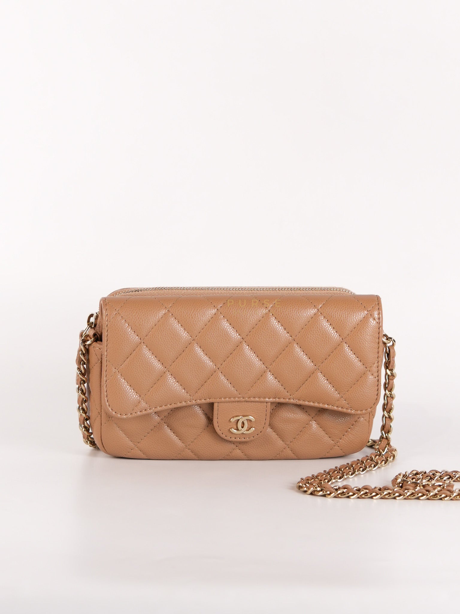 Phone Holder in Dark Beige Caviar Leather Gold Hardware (Microchip) | Purse Maison Luxury Bags Shop