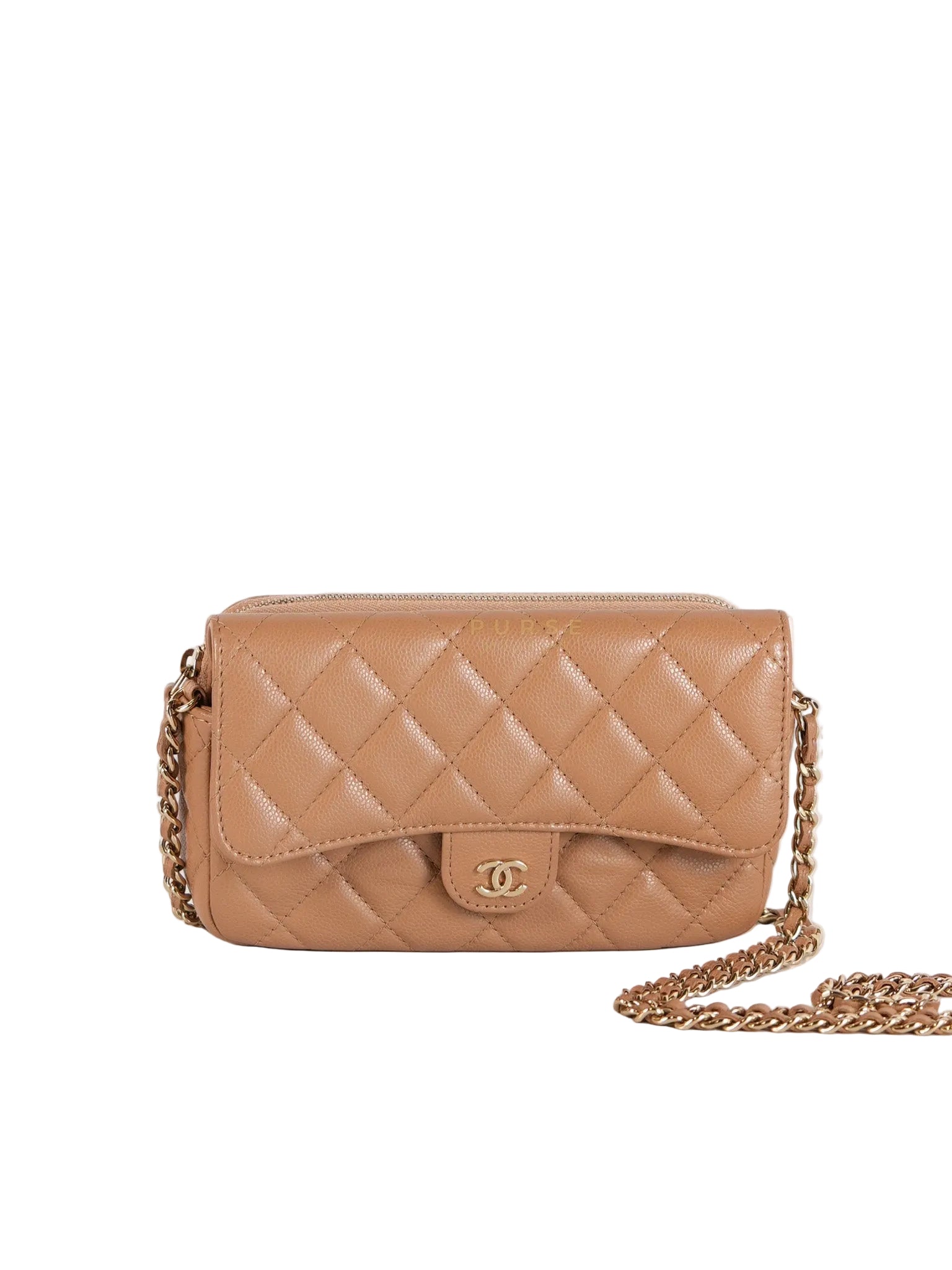 Phone Holder in Dark Beige Caviar Leather Gold Hardware (Microchip) | Purse Maison Luxury Bags Shop