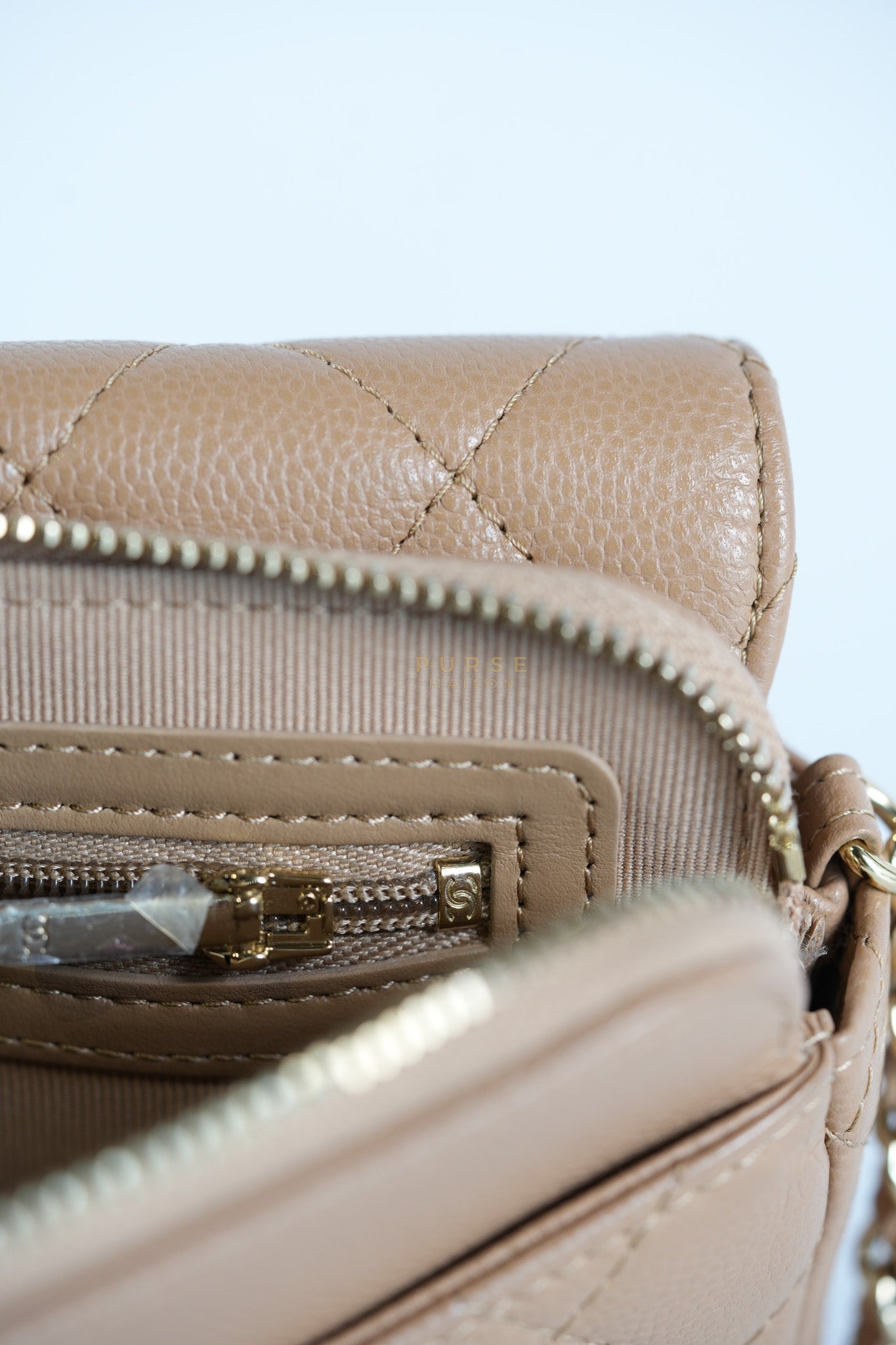 Phone Holder in Dark Beige Caviar Leather Gold Hardware (Microchip) | Purse Maison Luxury Bags Shop