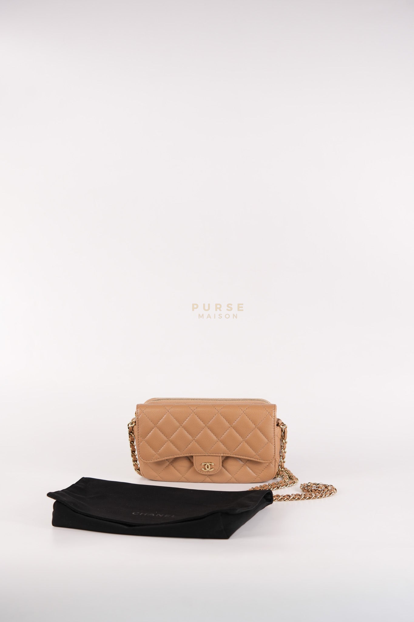 Phone Holder in Dark Beige Caviar Leather Gold Hardware (Microchip) | Purse Maison Luxury Bags Shop