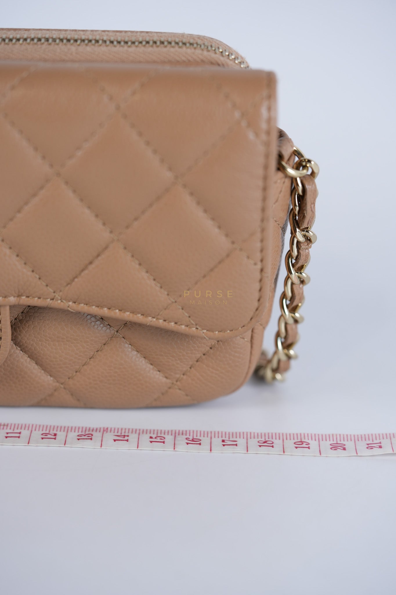 Phone Holder in Dark Beige Caviar Leather Gold Hardware (Microchip) | Purse Maison Luxury Bags Shop
