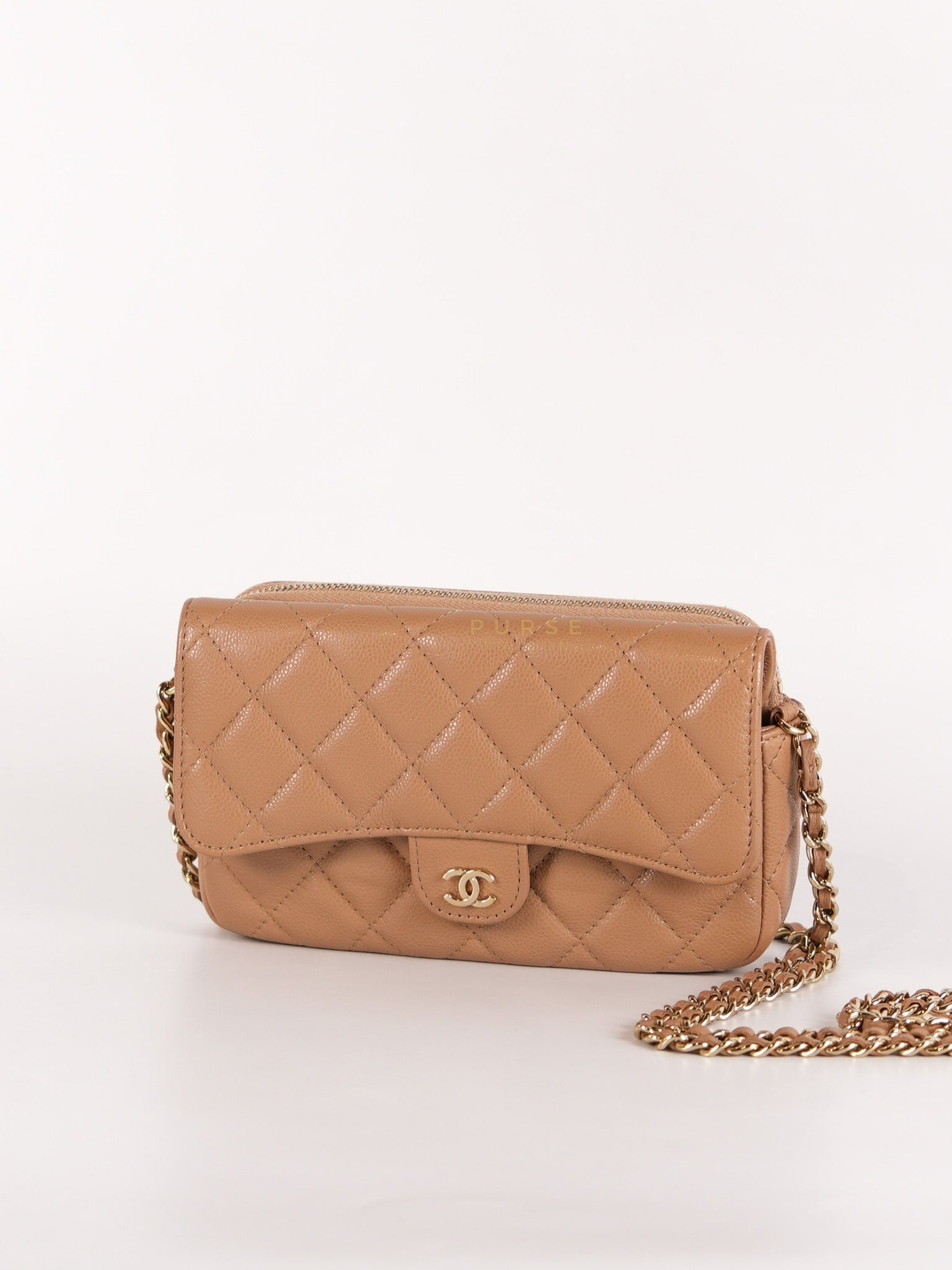 Phone Holder in Dark Beige Caviar Leather Gold Hardware (Microchip) | Purse Maison Luxury Bags Shop
