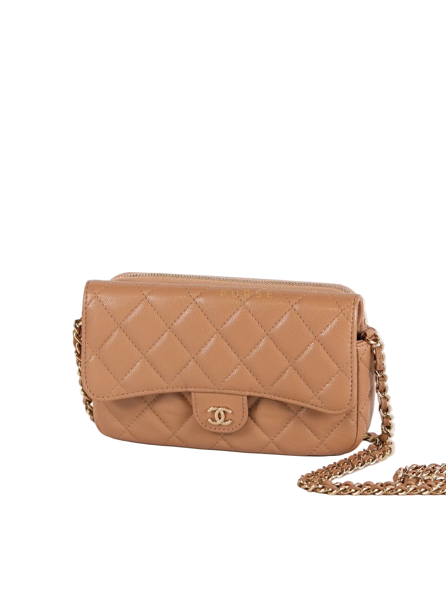 Phone Holder in Dark Beige Caviar Leather Gold Hardware (Microchip) | Purse Maison Luxury Bags Shop