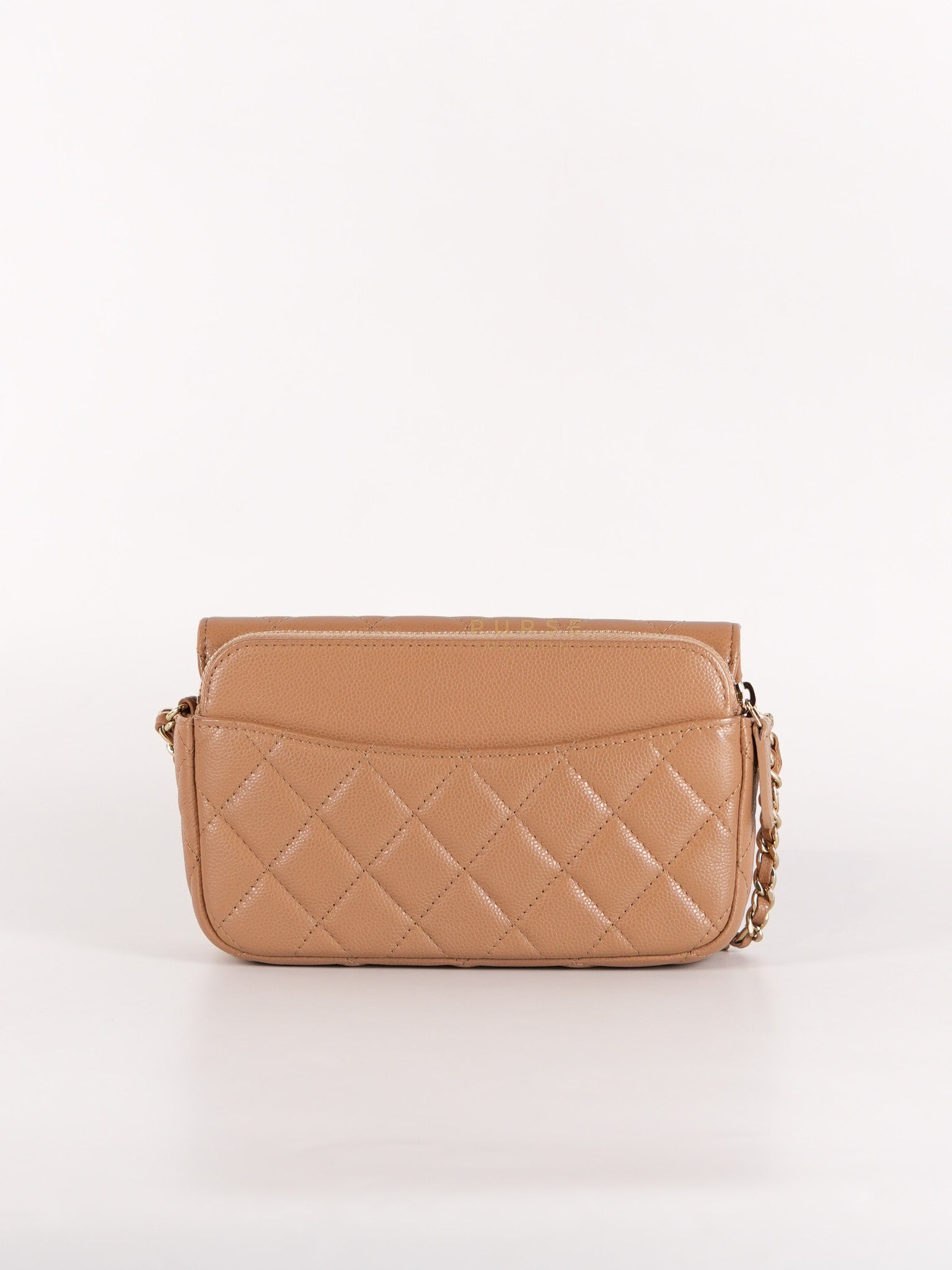 Phone Holder in Dark Beige Caviar Leather Gold Hardware (Microchip) | Purse Maison Luxury Bags Shop