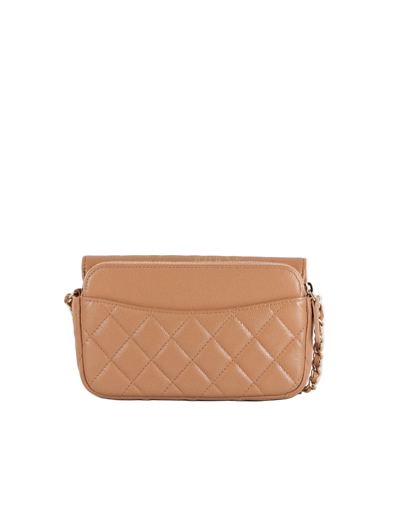 Phone Holder in Dark Beige Caviar Leather Gold Hardware (Microchip) | Purse Maison Luxury Bags Shop