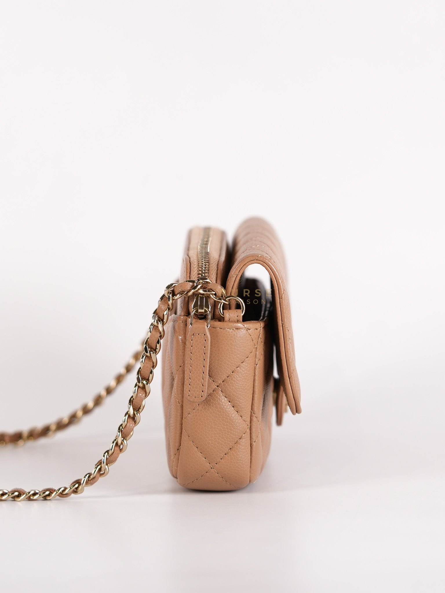 Phone Holder in Dark Beige Caviar Leather Gold Hardware (Microchip) | Purse Maison Luxury Bags Shop