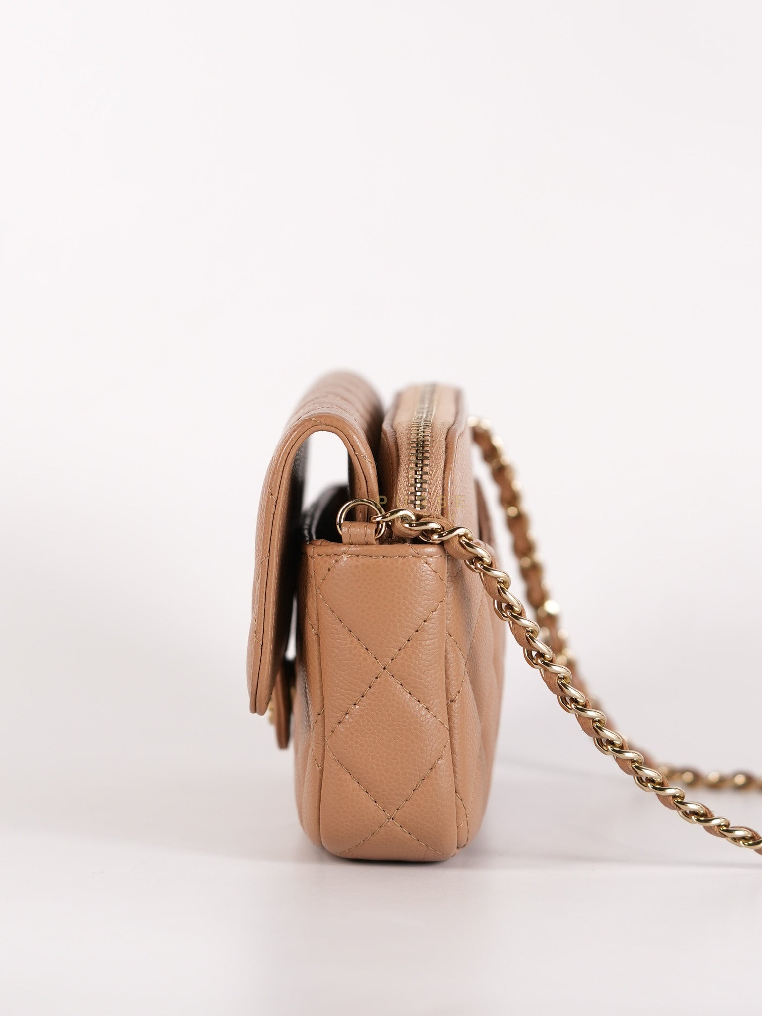 Phone Holder in Dark Beige Caviar Leather Gold Hardware (Microchip) | Purse Maison Luxury Bags Shop