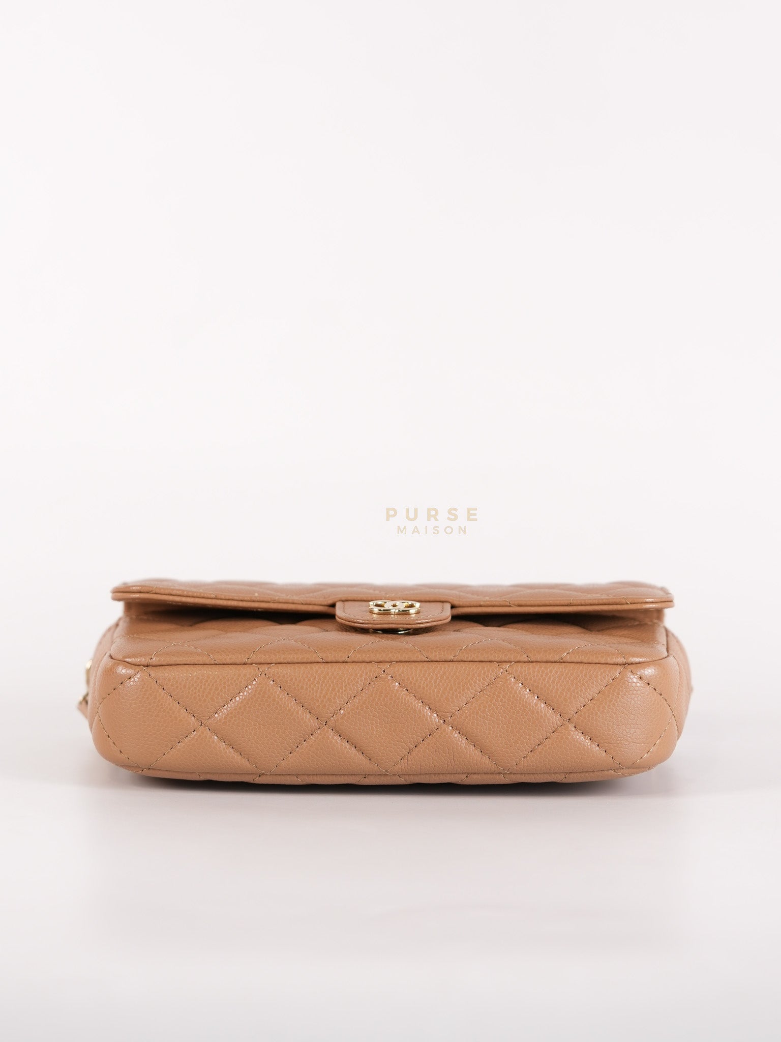 Phone Holder in Dark Beige Caviar Leather Gold Hardware (Microchip) | Purse Maison Luxury Bags Shop