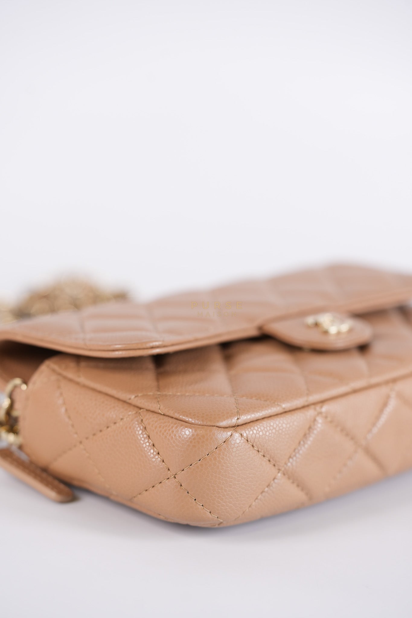 Phone Holder in Dark Beige Caviar Leather Gold Hardware (Microchip) | Purse Maison Luxury Bags Shop