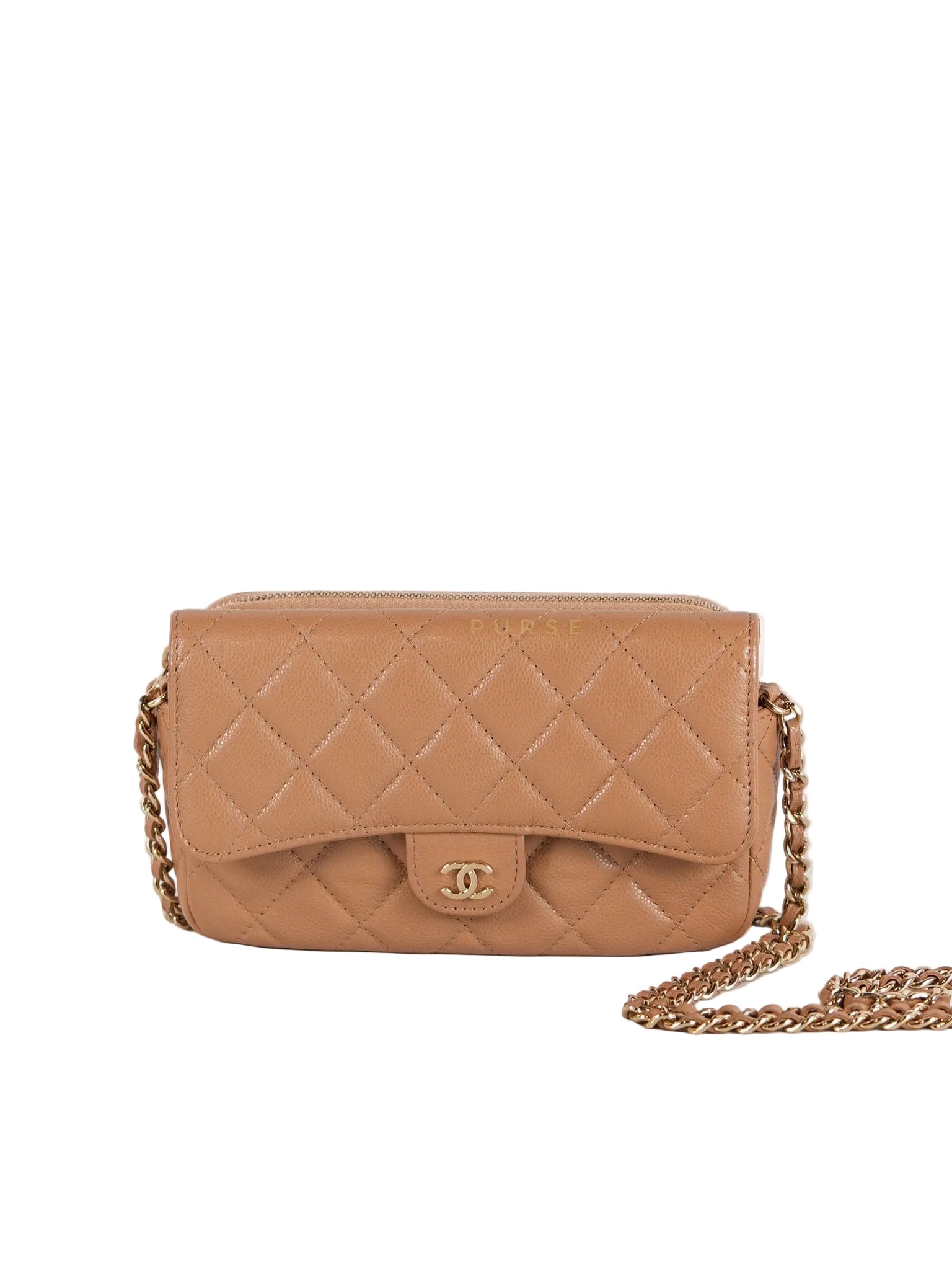 Phone Holder in Dark Beige Caviar Leather Gold Hardware (Microchip) | Purse Maison Luxury Bags Shop