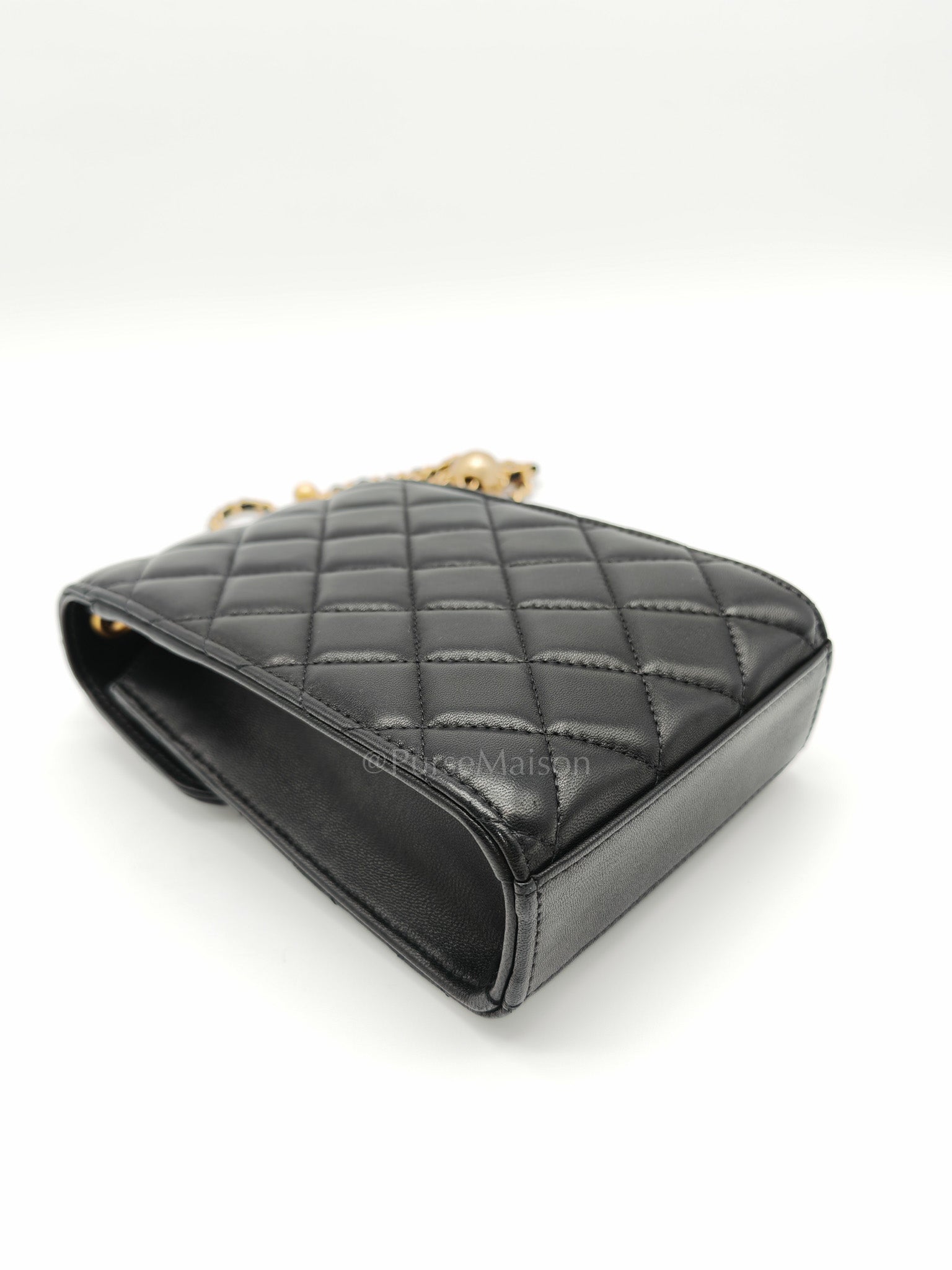 Phone Holder Pearl Crush Black Lambskin Leather in Aged Gold Hardware (Series 30) | Purse Maison Luxury Bags Shop