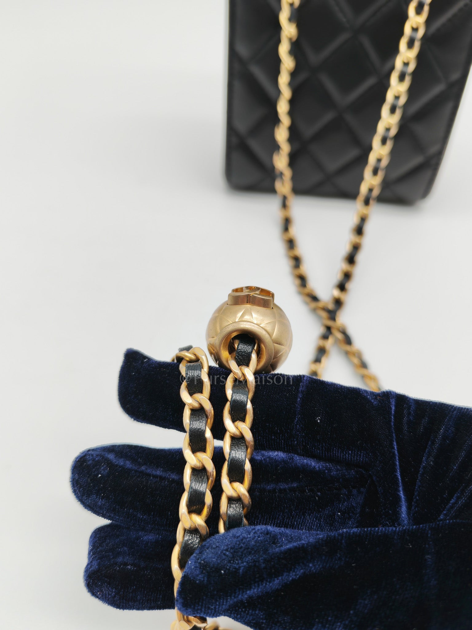 Phone Holder Pearl Crush Black Lambskin Leather in Aged Gold Hardware (Series 30) | Purse Maison Luxury Bags Shop
