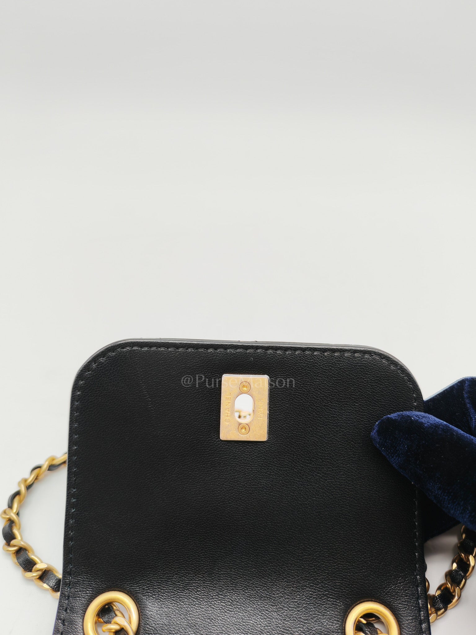 Phone Holder Pearl Crush Black Lambskin Leather in Aged Gold Hardware (Series 30) | Purse Maison Luxury Bags Shop