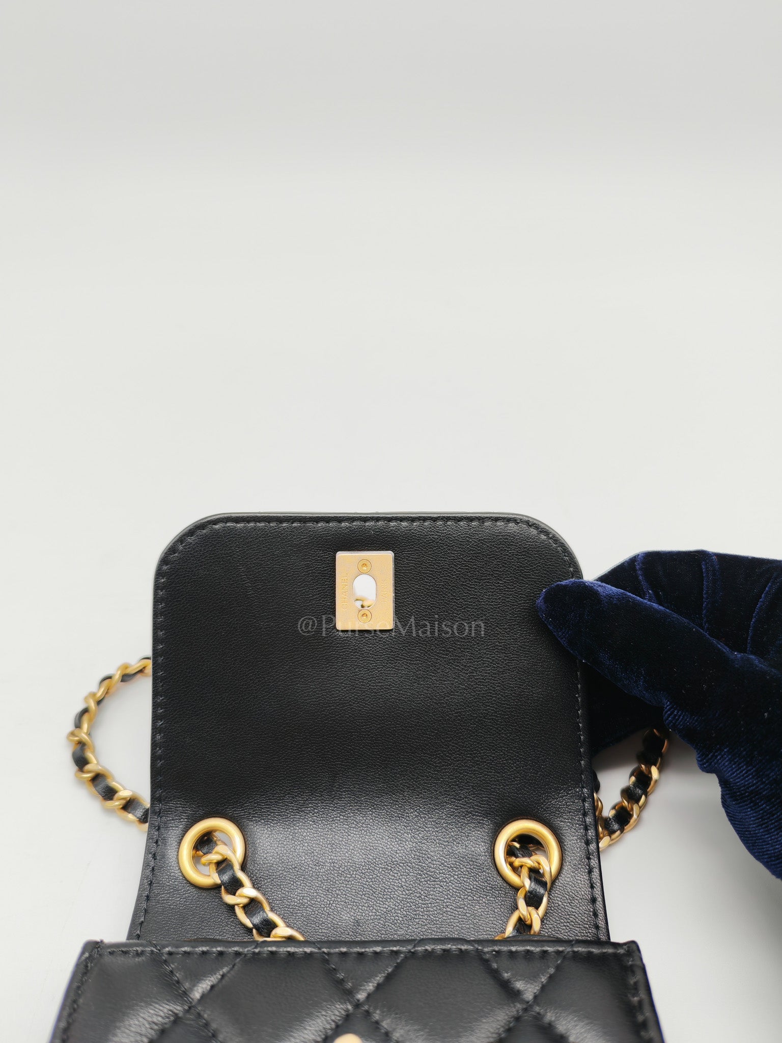 Phone Holder Pearl Crush Black Lambskin Leather in Aged Gold Hardware (Series 30) | Purse Maison Luxury Bags Shop