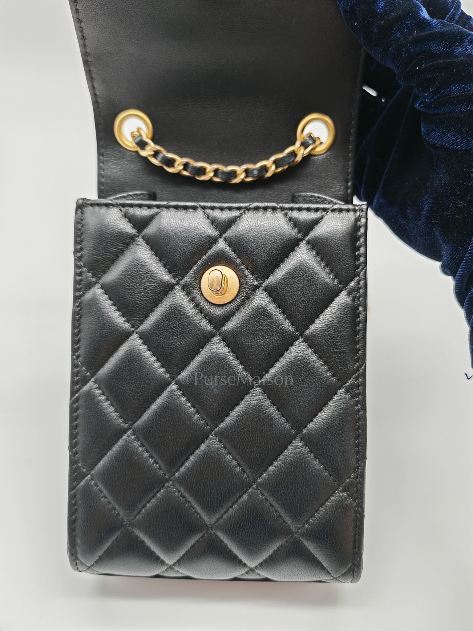 Phone Holder Pearl Crush Black Lambskin Leather in Aged Gold Hardware (Series 30) | Purse Maison Luxury Bags Shop