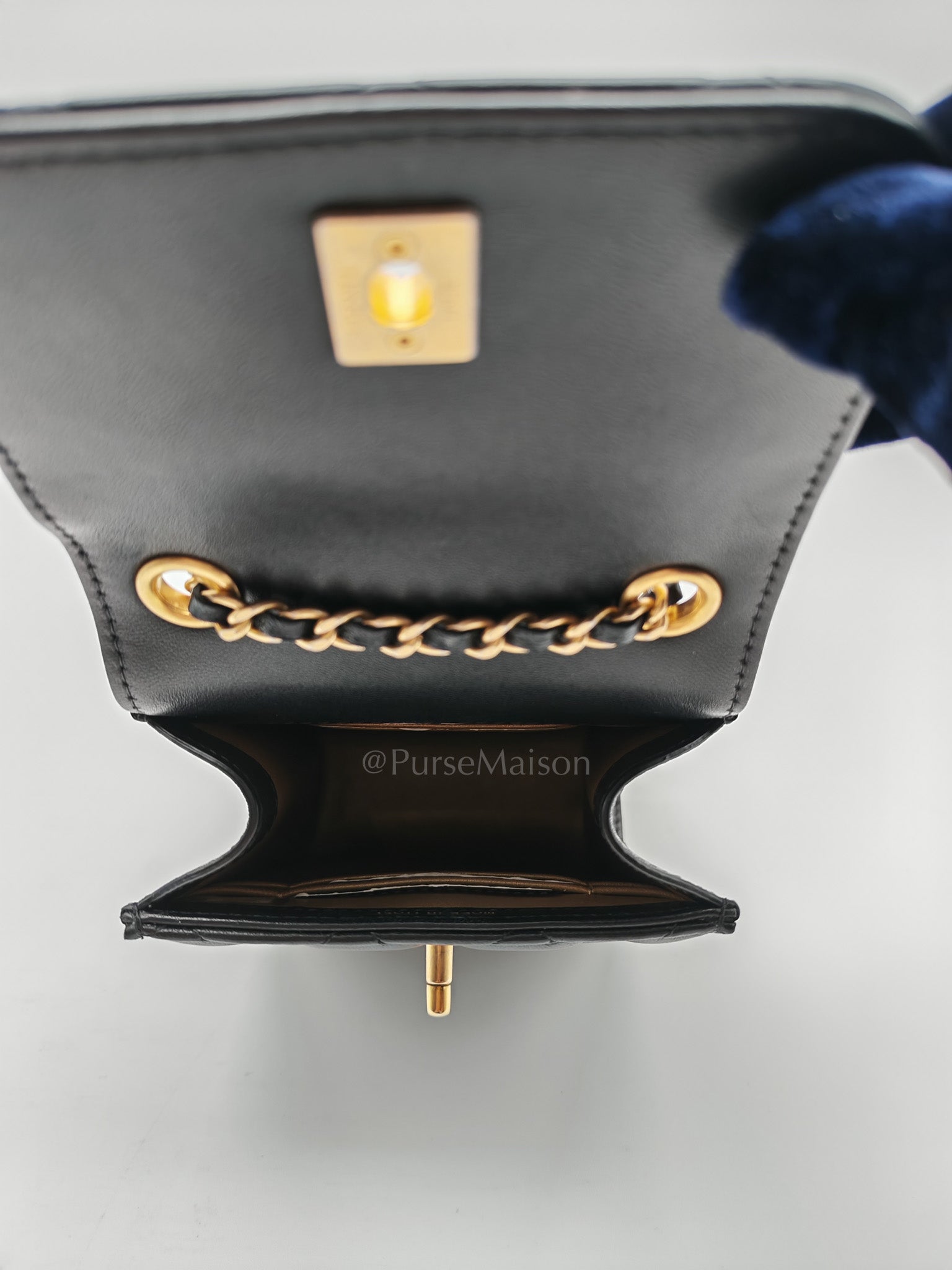 Phone Holder Pearl Crush Black Lambskin Leather in Aged Gold Hardware (Series 30) | Purse Maison Luxury Bags Shop