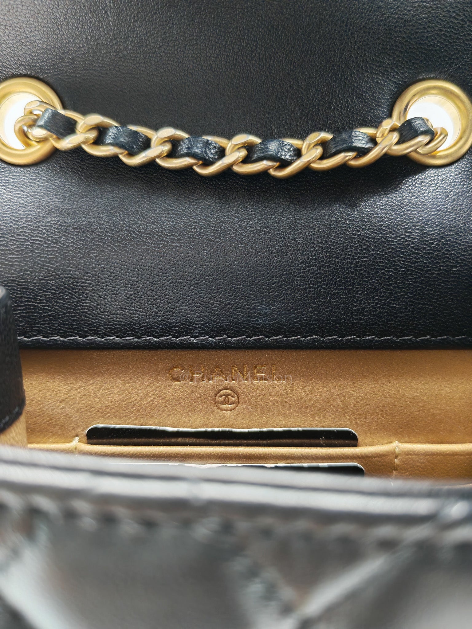 Phone Holder Pearl Crush Black Lambskin Leather in Aged Gold Hardware (Series 30) | Purse Maison Luxury Bags Shop