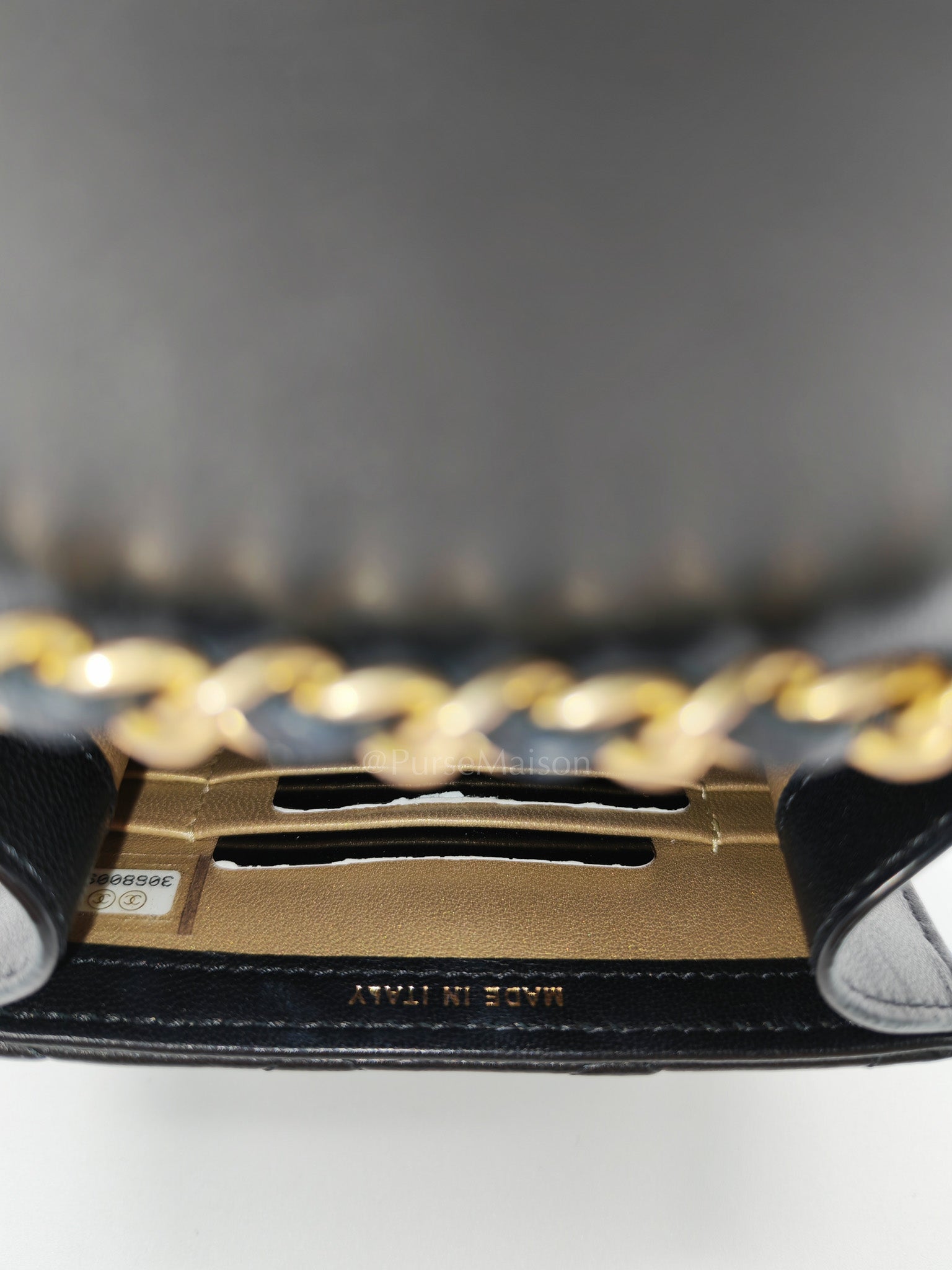 Phone Holder Pearl Crush Black Lambskin Leather in Aged Gold Hardware (Series 30) | Purse Maison Luxury Bags Shop