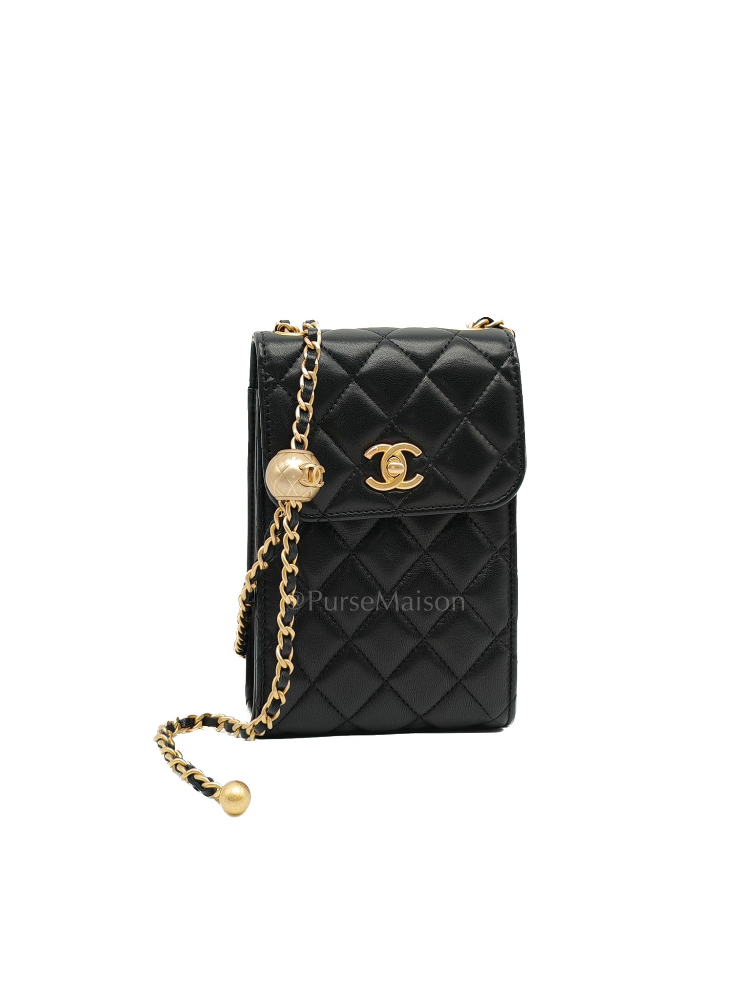 Phone Holder Pearl Crush Black Lambskin Leather in Aged Gold Hardware (Series 30) | Purse Maison Luxury Bags Shop
