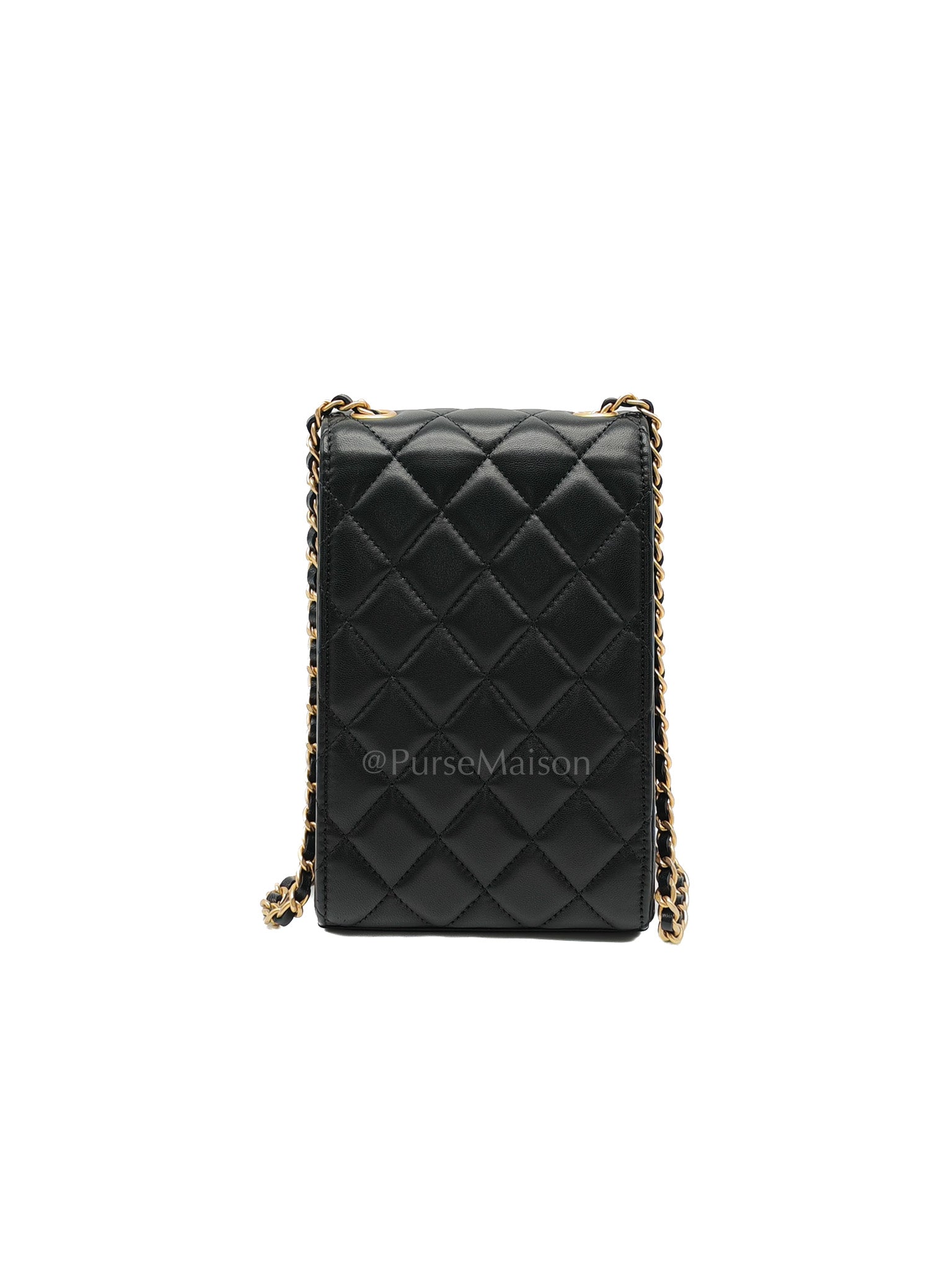 Phone Holder Pearl Crush Black Lambskin Leather in Aged Gold Hardware (Series 30) | Purse Maison Luxury Bags Shop