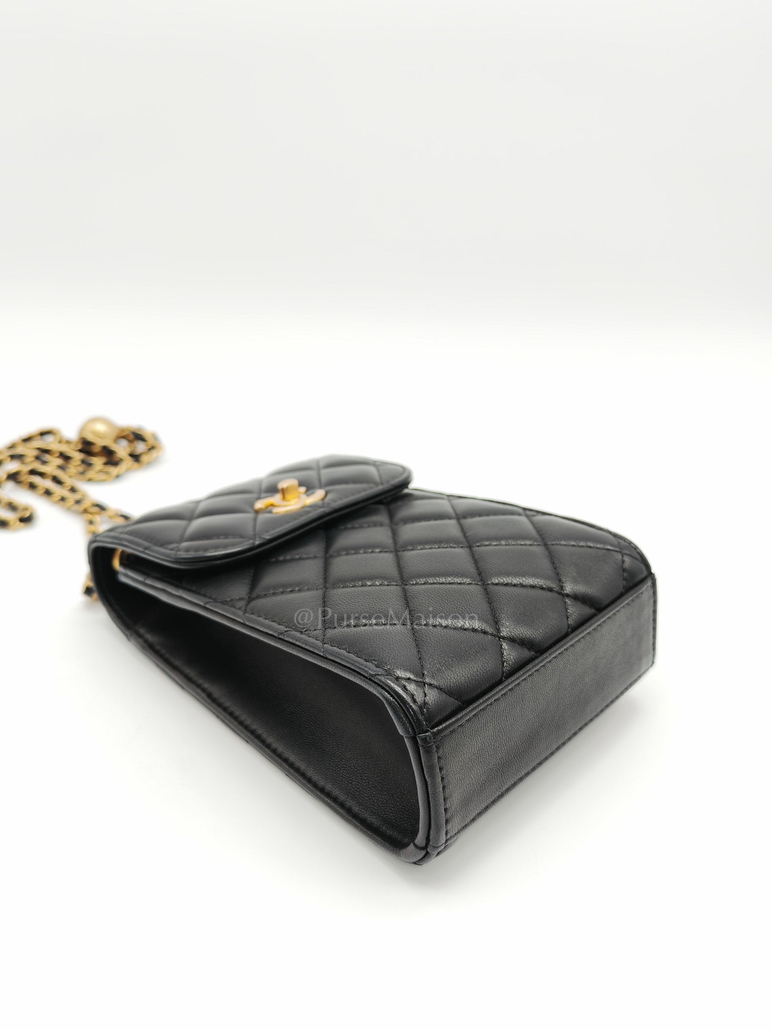 Phone Holder Pearl Crush Black Lambskin Leather in Aged Gold Hardware (Series 30) | Purse Maison Luxury Bags Shop