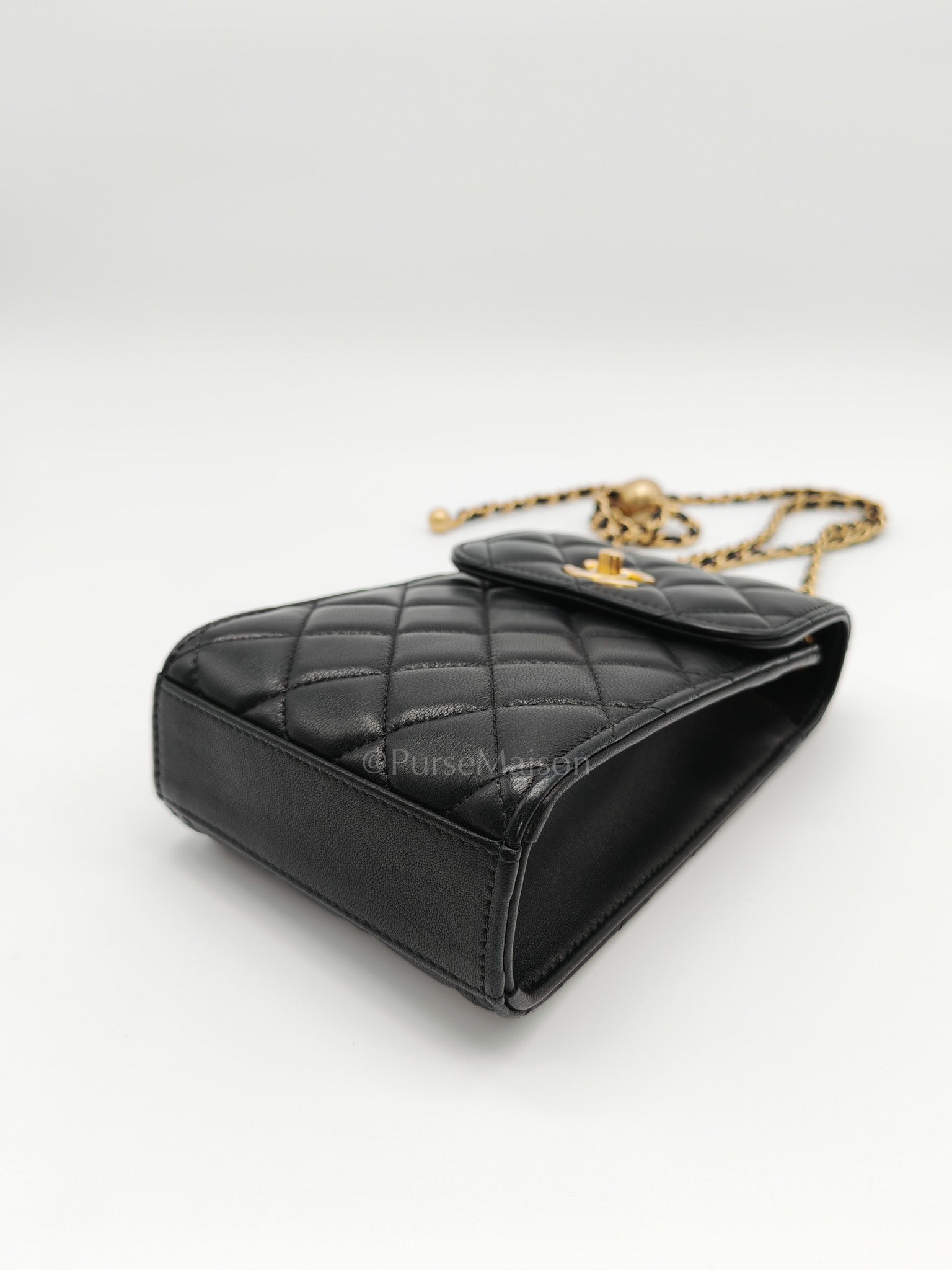 Phone Holder Pearl Crush Black Lambskin Leather in Aged Gold Hardware (Series 30) | Purse Maison Luxury Bags Shop