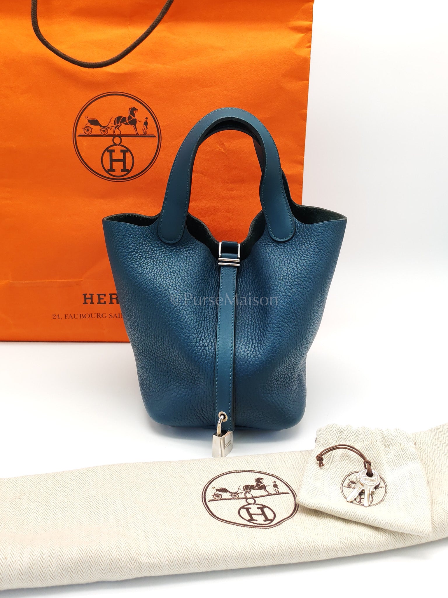 Picotin 18 Blue Colvert Clemence/Swift Leather Palladium Hardware Stamp T(2015) | Purse Maison Luxury Bags Shop