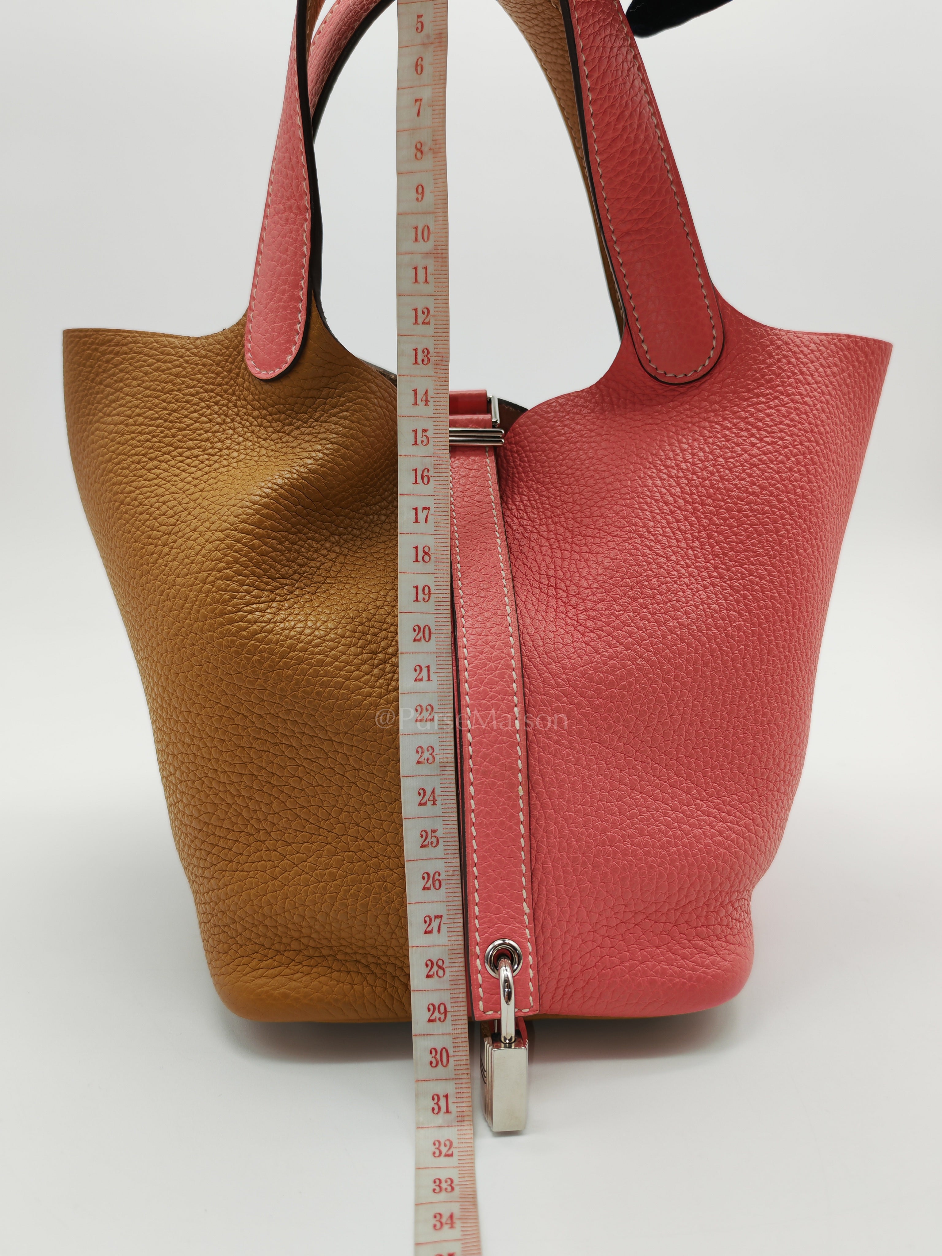 Picotin 18 Casaque in Gold and Rose Azalee Clemence Leather and Palladium Hardware Stamp Y (2020) | Purse Maison Luxury Bags Shop