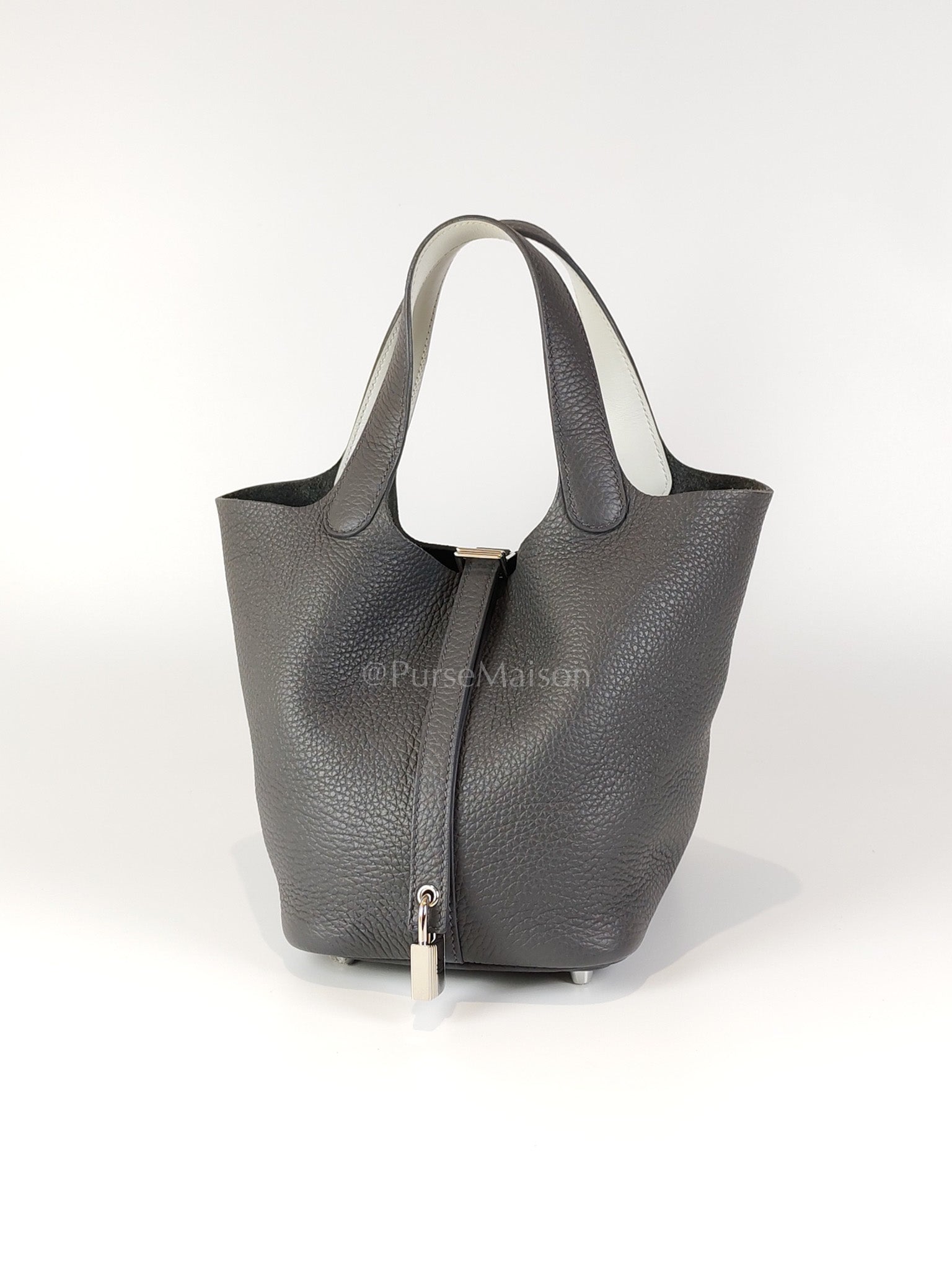 Picotin 18 Gris Misty Bicolor in Clemence Leather and Palladium Hardware Stamp W (2024) | Purse Maison Luxury Bags Shop