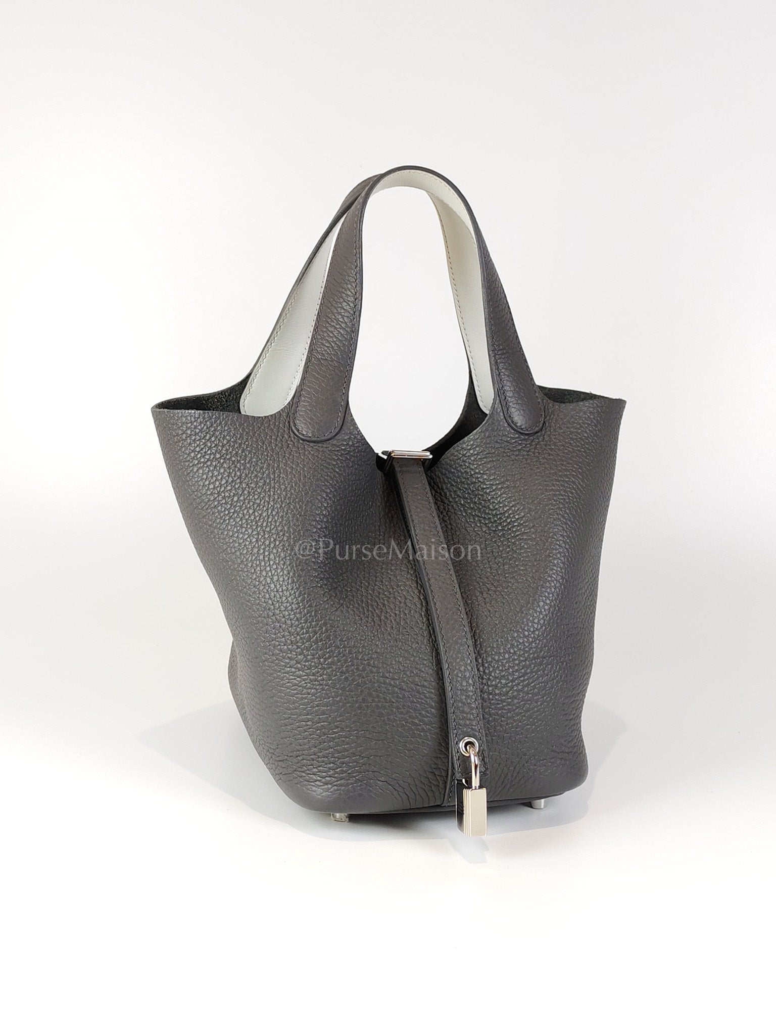 Picotin 18 Gris Misty Bicolor in Clemence Leather and Palladium Hardware Stamp W (2024) | Purse Maison Luxury Bags Shop