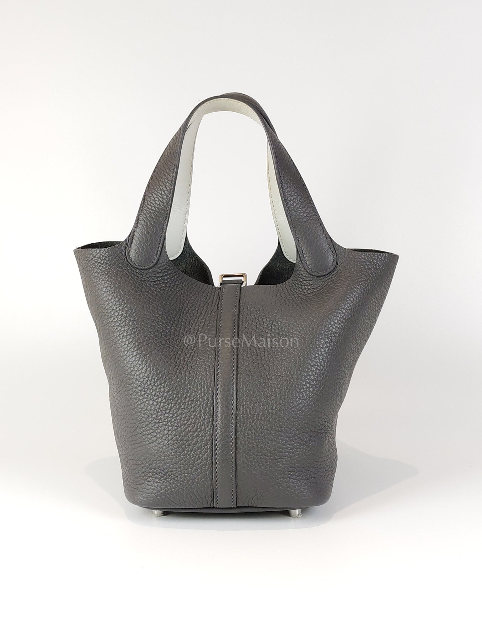 Picotin 18 Gris Misty Bicolor in Clemence Leather and Palladium Hardware Stamp W (2024) | Purse Maison Luxury Bags Shop