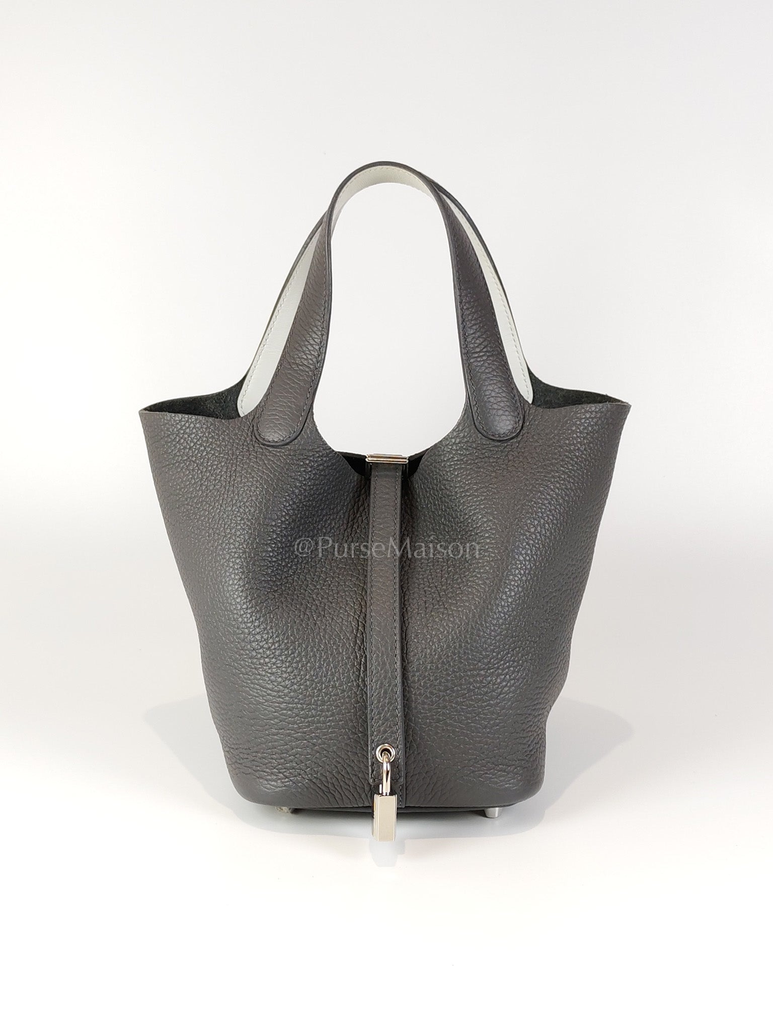 Picotin 18 Gris Misty Bicolor in Clemence Leather and Palladium Hardware Stamp W (2024) | Purse Maison Luxury Bags Shop