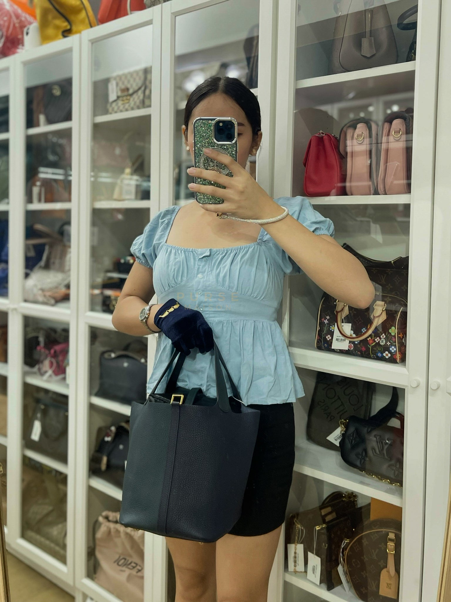 Picotin 22 in Blue/Green Clemence Leather & Gold Hardware Stamp Y (2020) | Purse Maison Luxury Bags Shop